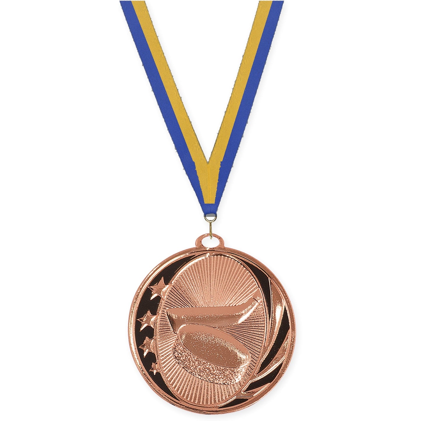 2 inch hockey MidNite Star medal in bright bronze with Blue Gold neck ribbon