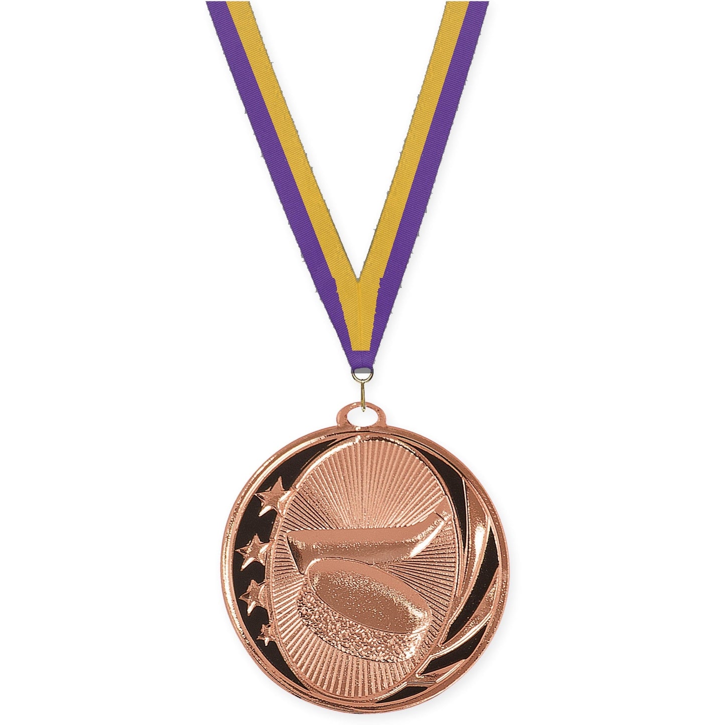 2 inch hockey MidNite Star medal in bright bronze with Purple Gold neck ribbon