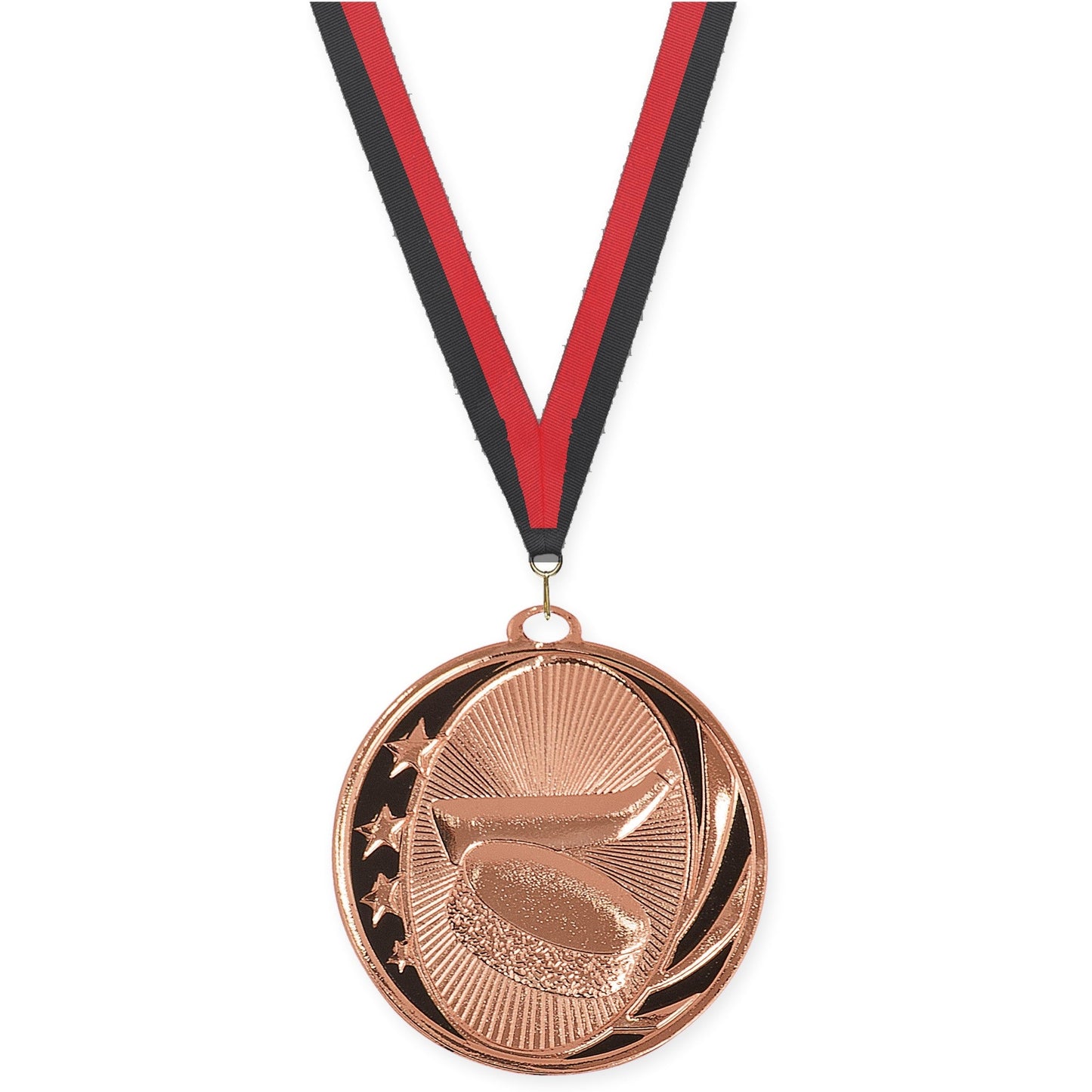2 inch hockey MidNite Star medal in bright bronze with Black Red neck ribbon