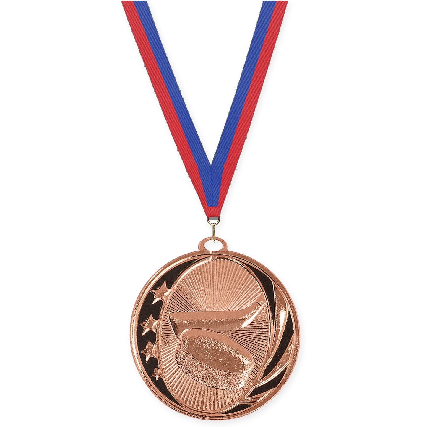 2 inch hockey MidNite Star medal in bright bronze with Blue Red neck ribbon
