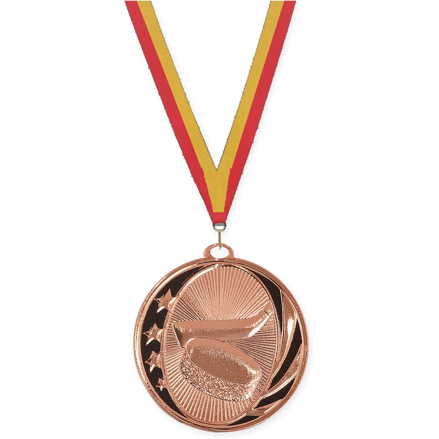 2 inch hockey MidNite Star medal in bright bronze with Red Gold neck ribbon