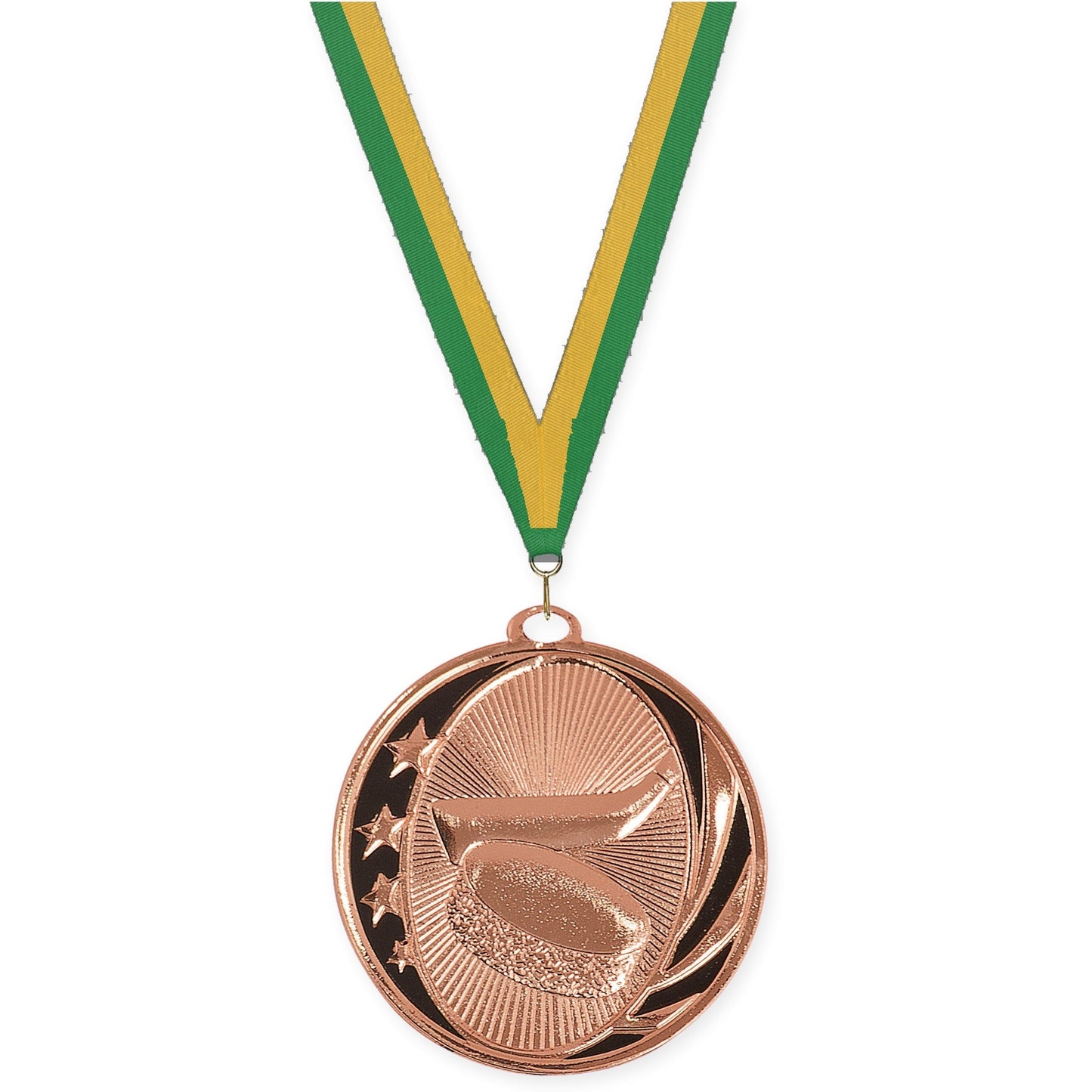 2 inch hockey MidNite Star medal in bright bronze with Green Gold neck ribbon