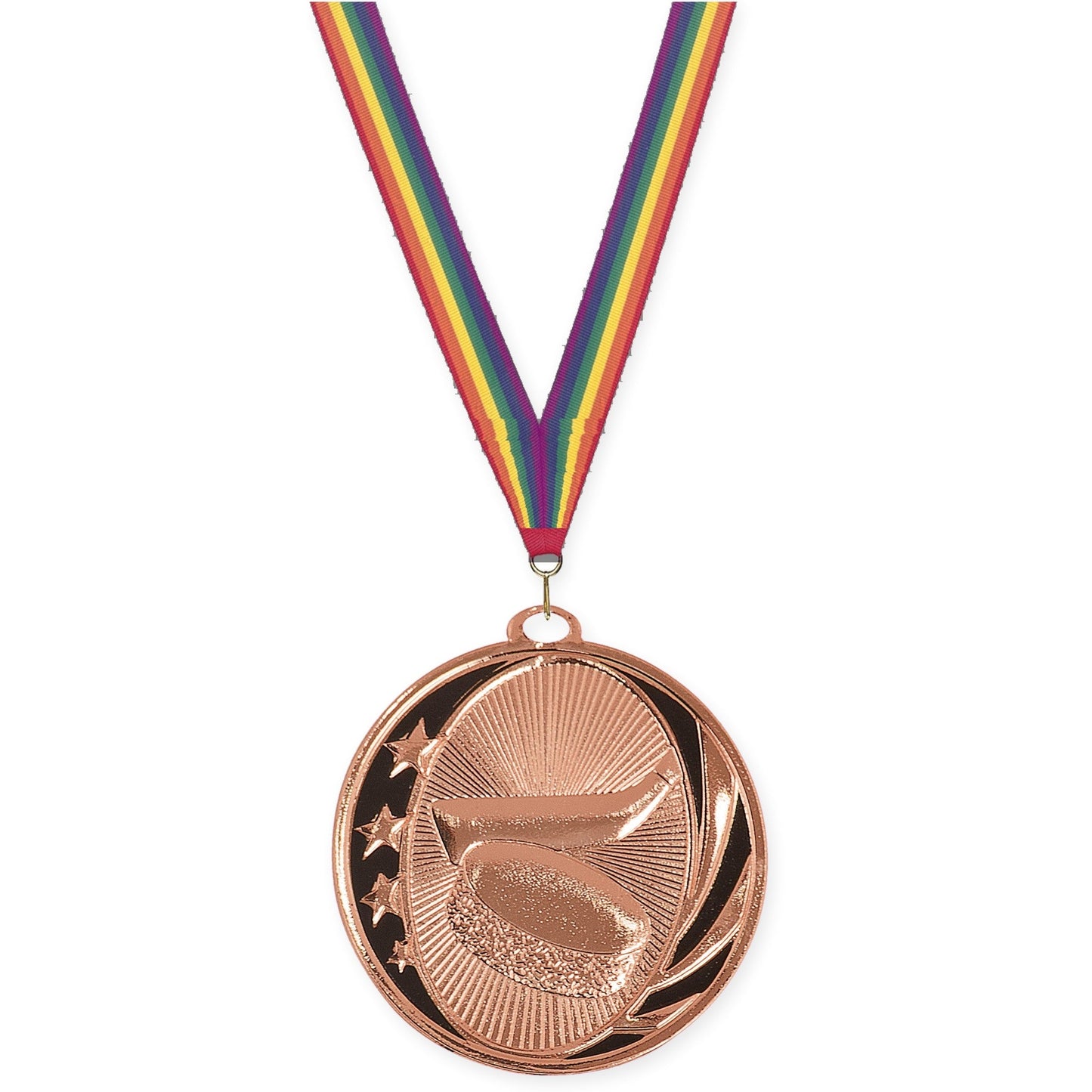 2 inch hockey MidNite Star medal in bright bronze with Rainbow neck ribbon