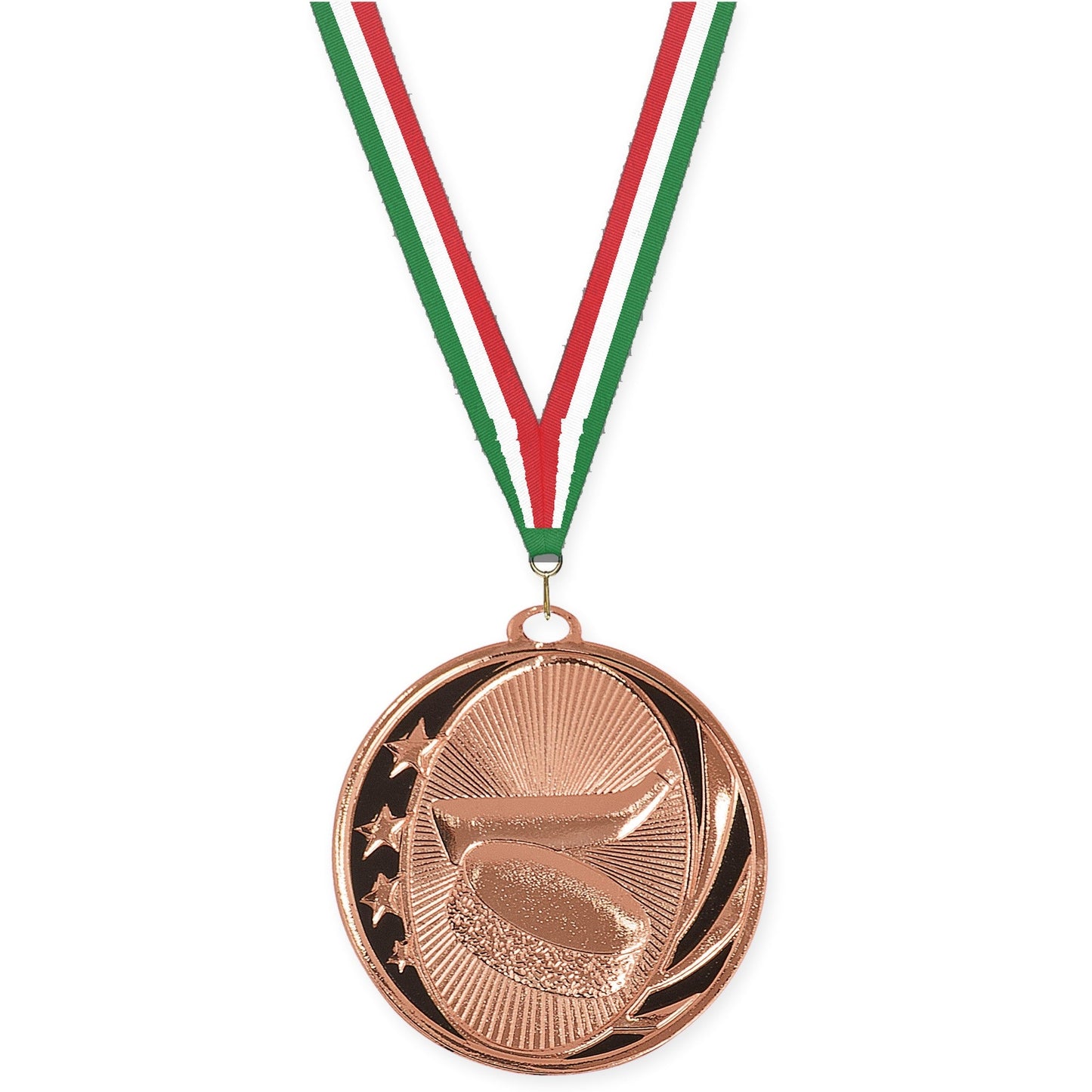 2 inch hockey MidNite Star medal in bright bronze with Green White Red neck ribbon