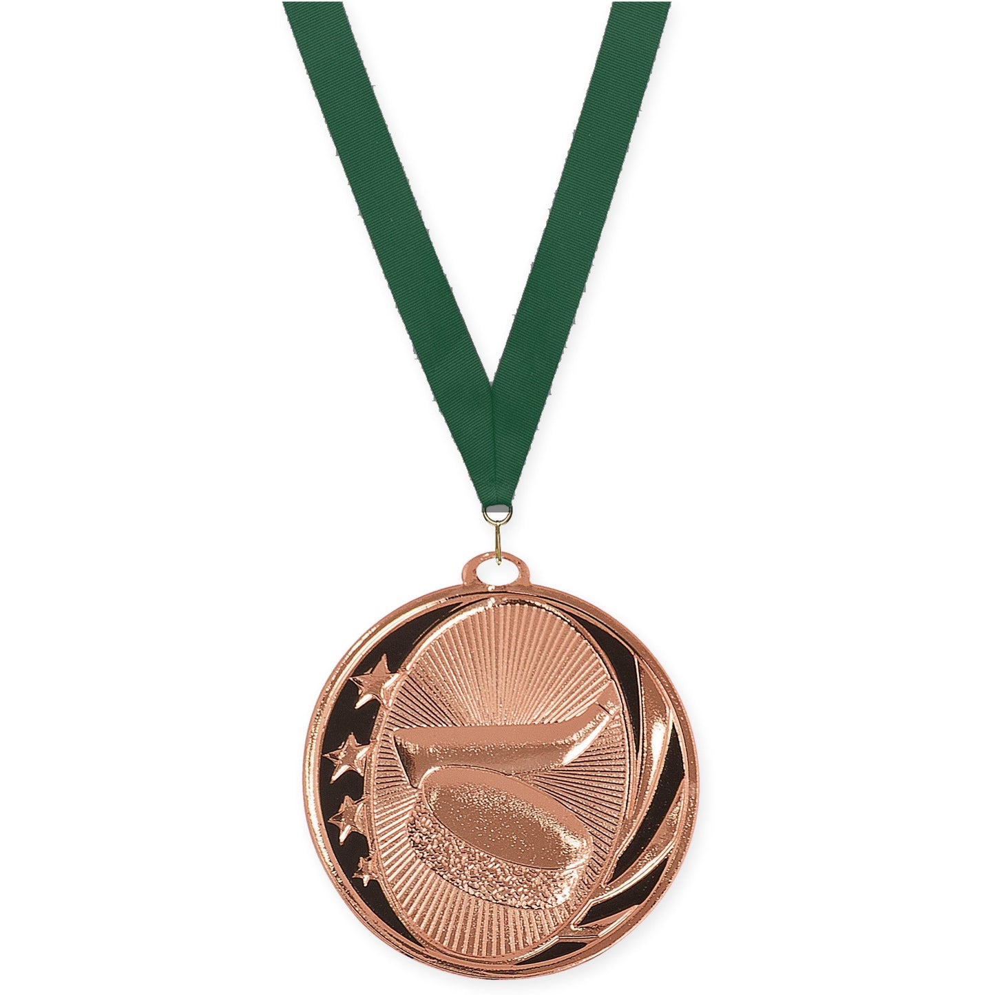 2 inch hockey MidNite Star medal in bright bronze with Hunter Green neck ribbon