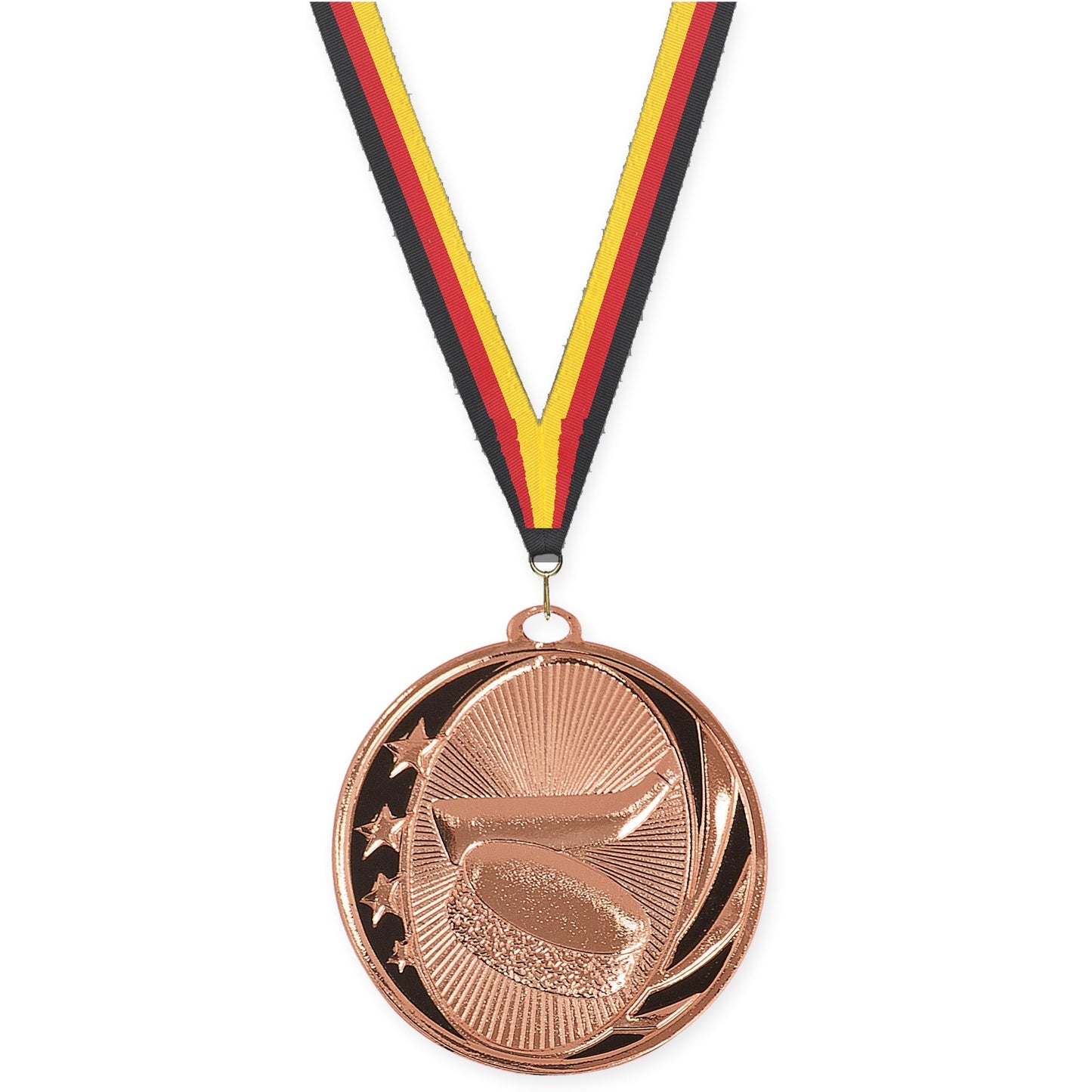 2 inch hockey MidNite Star medal in bright bronze with Black Red Yellow neck ribbon