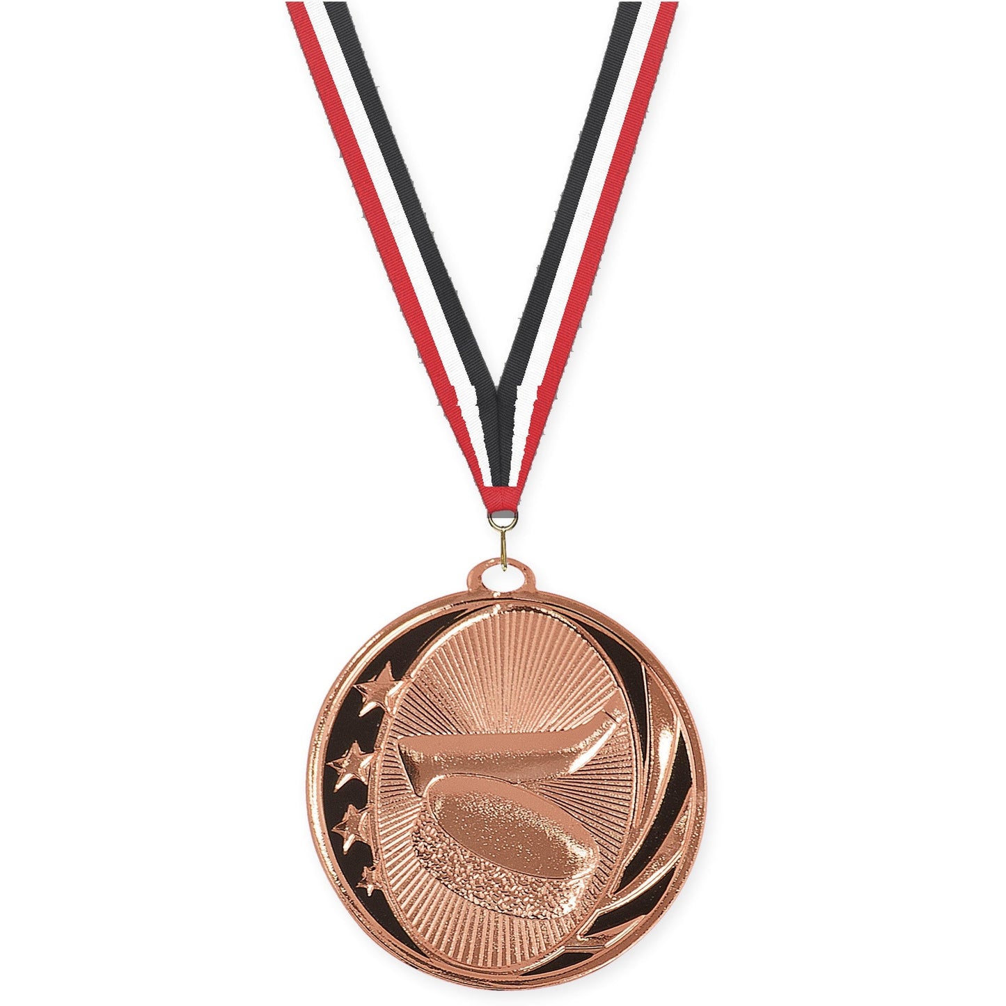 2 inch hockey MidNite Star medal in bright bronze with Red White Black neck ribbon