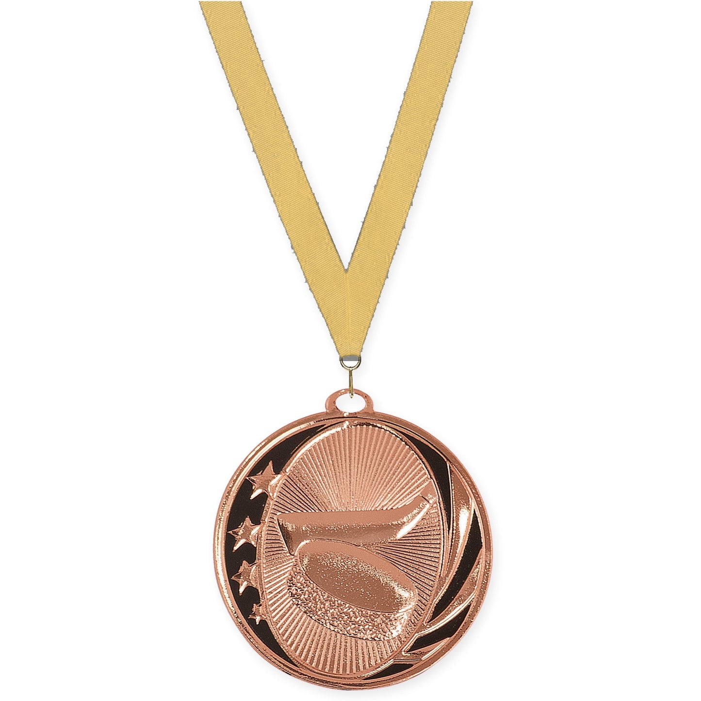 2 inch hockey MidNite Star medal in bright bronze with Gold Metallic neck ribbon
