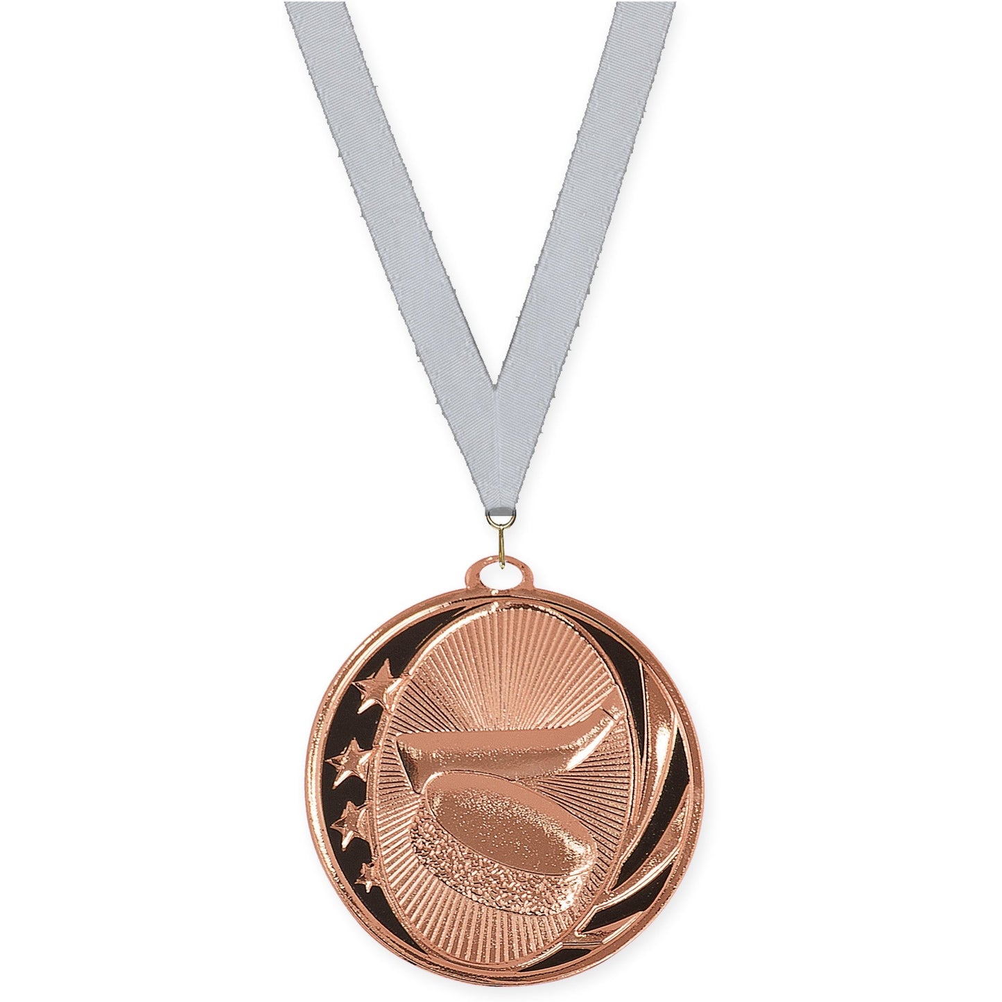 2 inch hockey MidNite Star medal in bright bronze with Silver Metallic neck ribbon