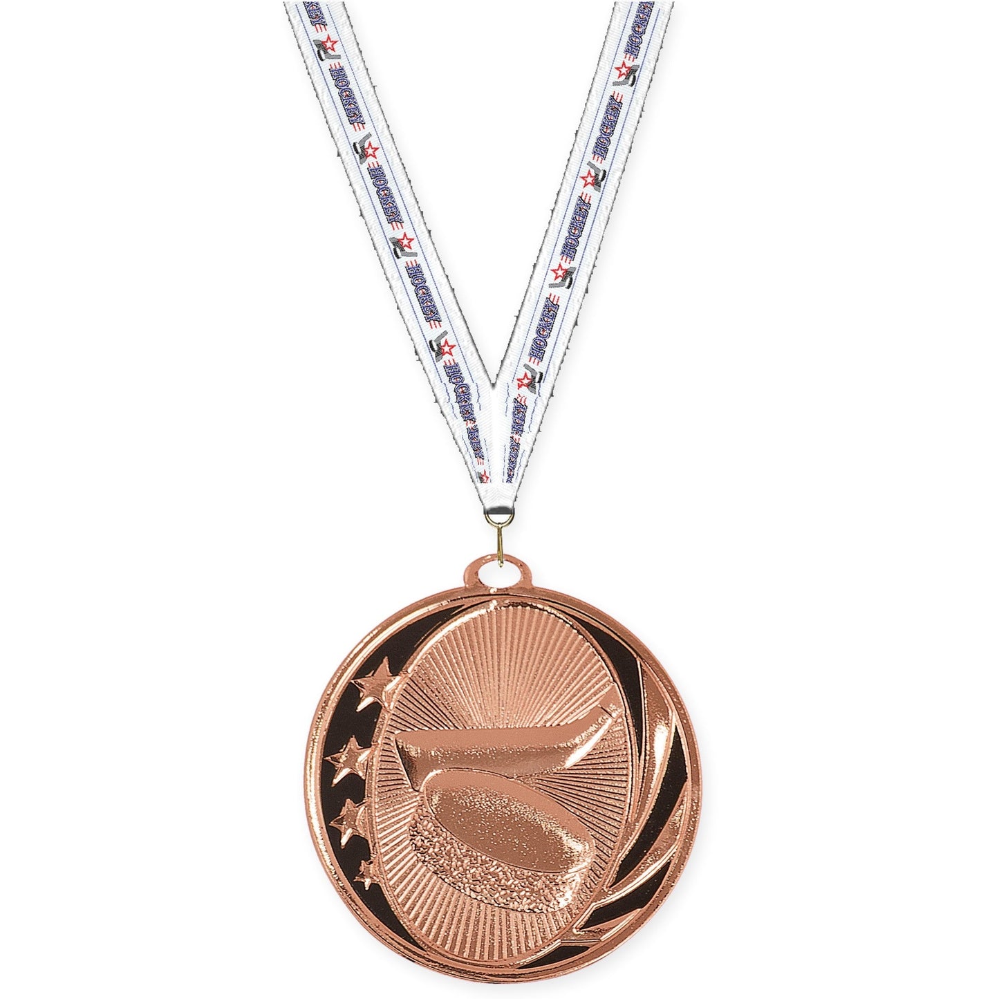 2 inch hockey MidNite Star medal in bright bronze with Hockey neck ribbon