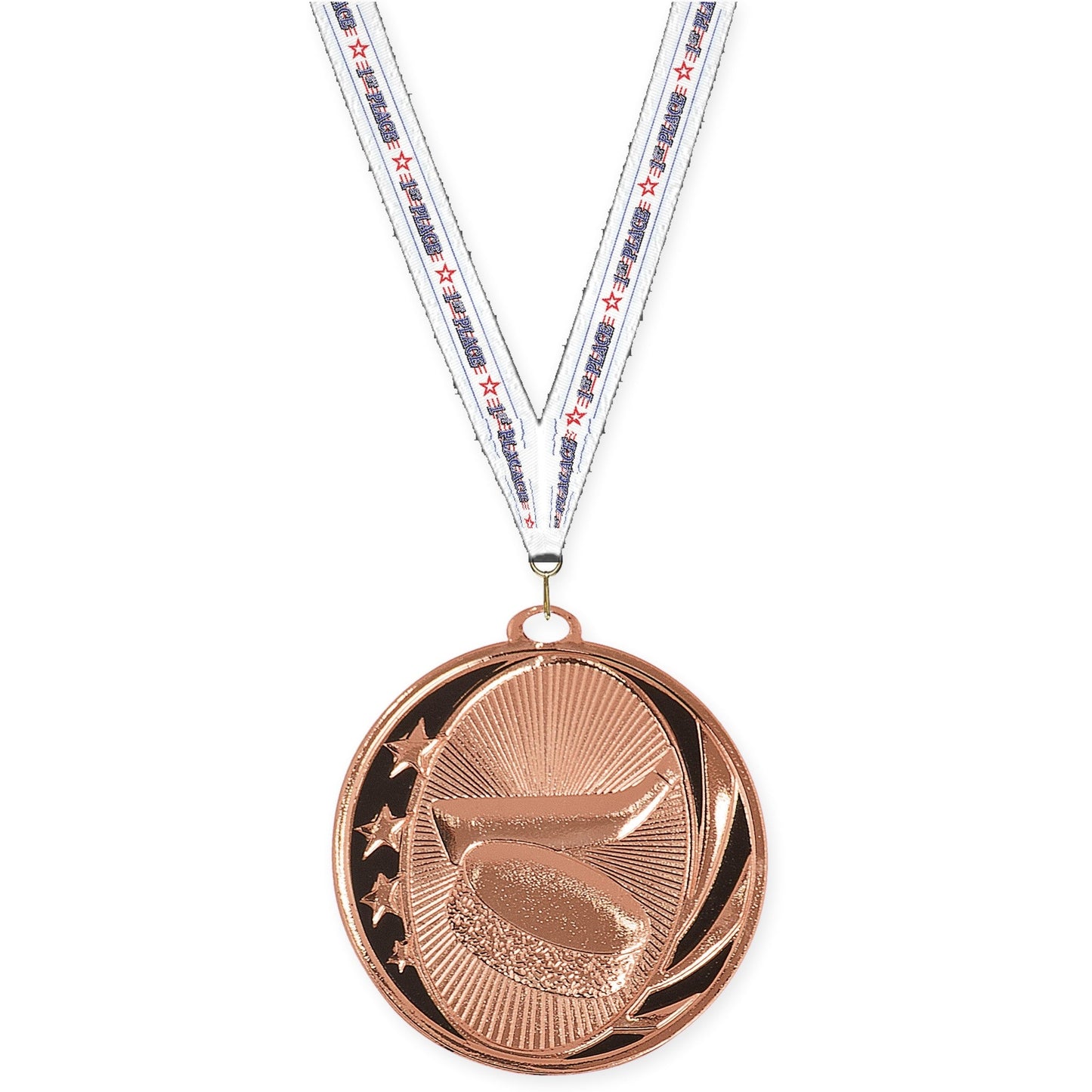 2 inch hockey MidNite Star medal in bright bronze with 1st Place neck ribbon