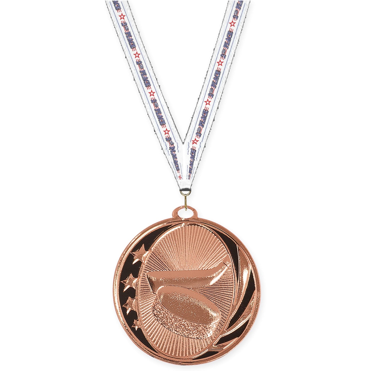 2 inch hockey MidNite Star medal in bright bronze with 2nd Place neck ribbon