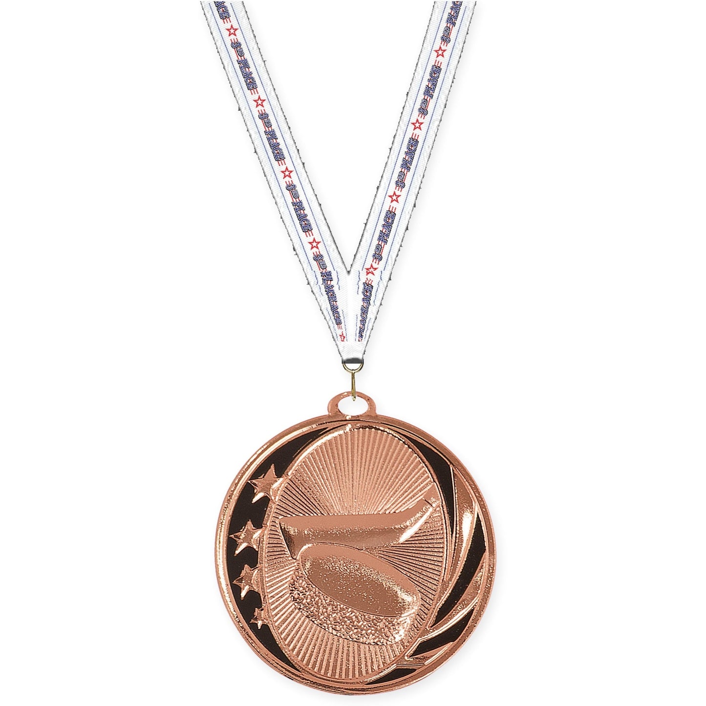 2 inch hockey MidNite Star medal in bright bronze with 3rd Place neck ribbon