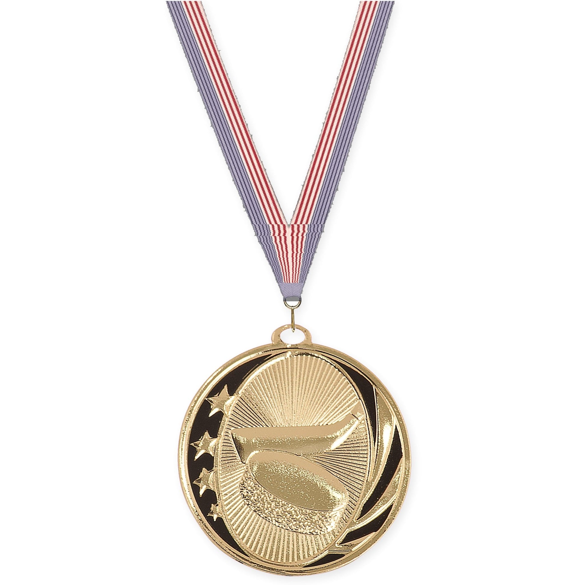2 inch hockey MidNite Star medal in bright gold with USA Flag neck ribbon