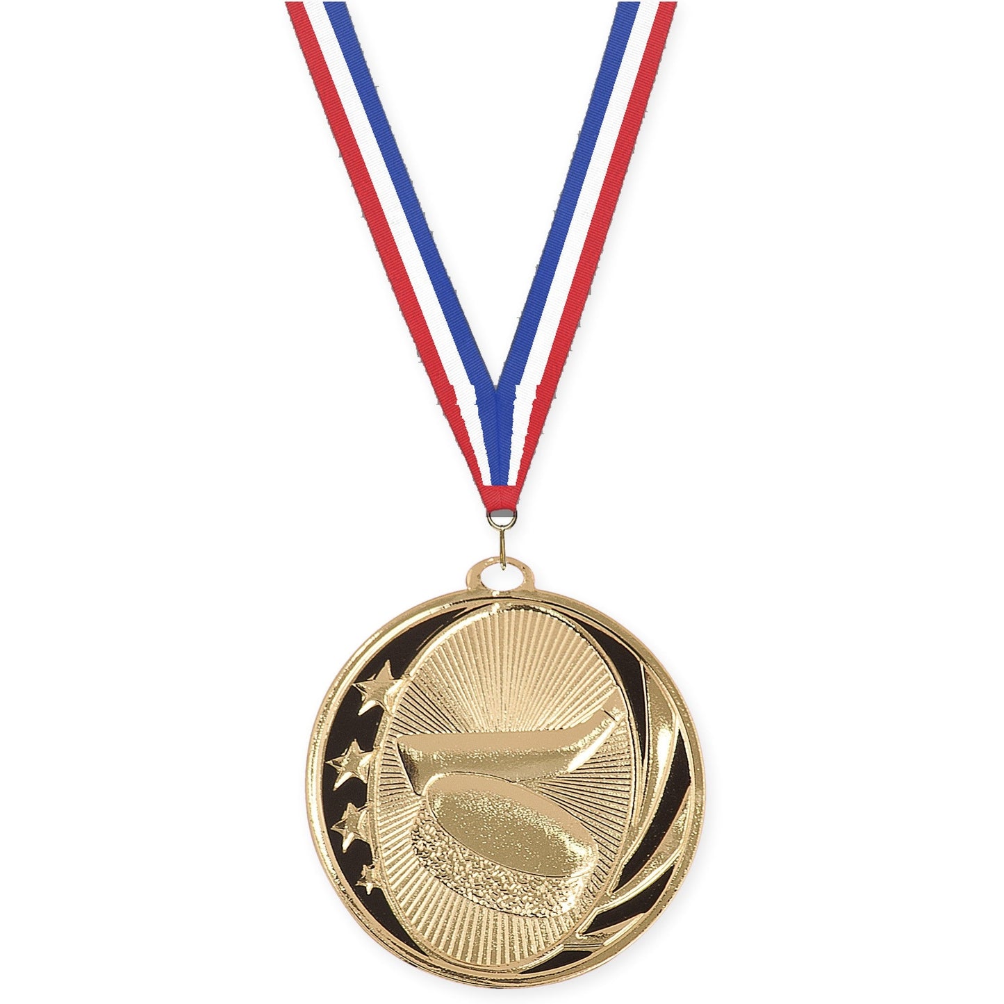 2 inch hockey MidNite Star medal in bright gold with Red White Blue neck ribbon