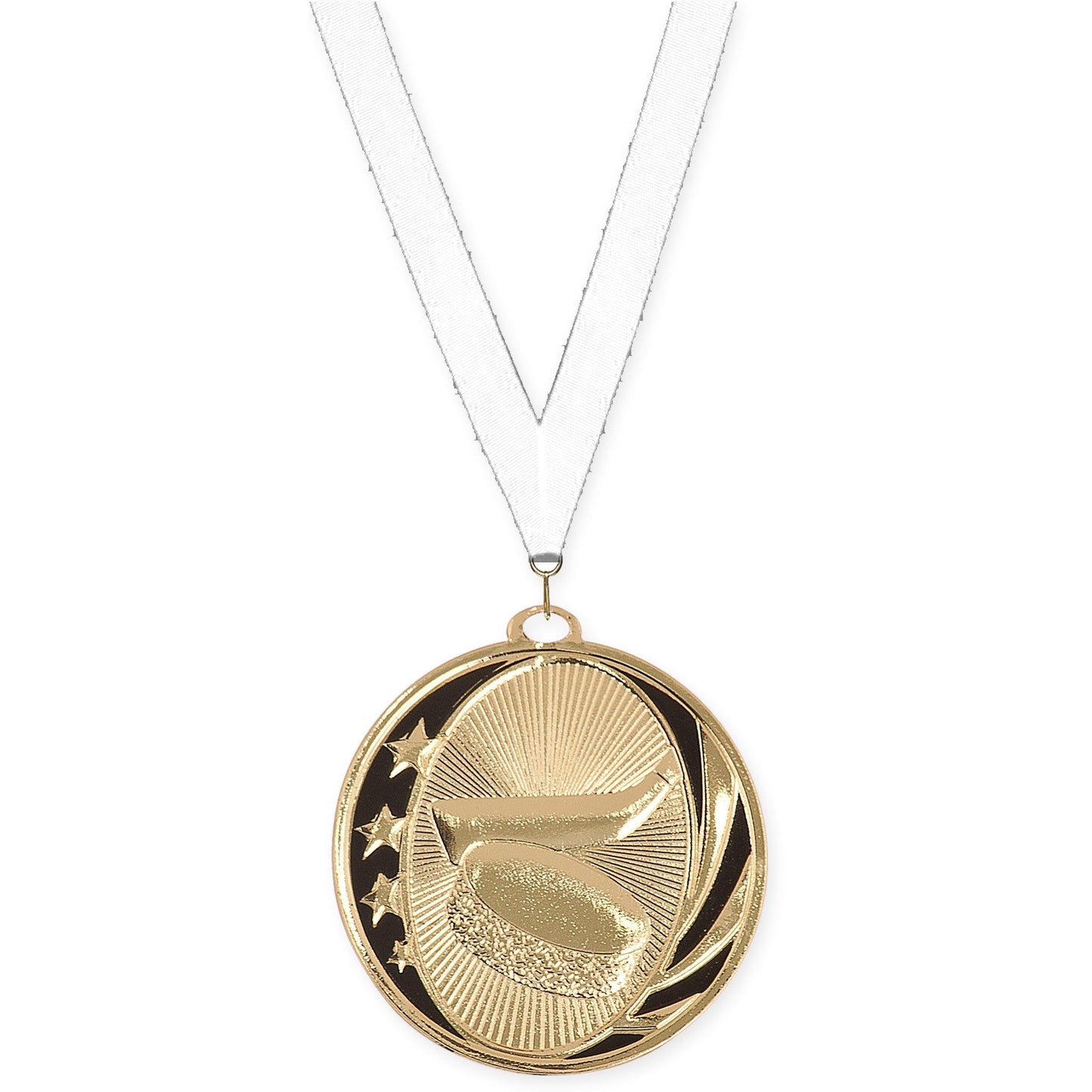2 inch hockey MidNite Star medal in bright gold with White neck ribbon