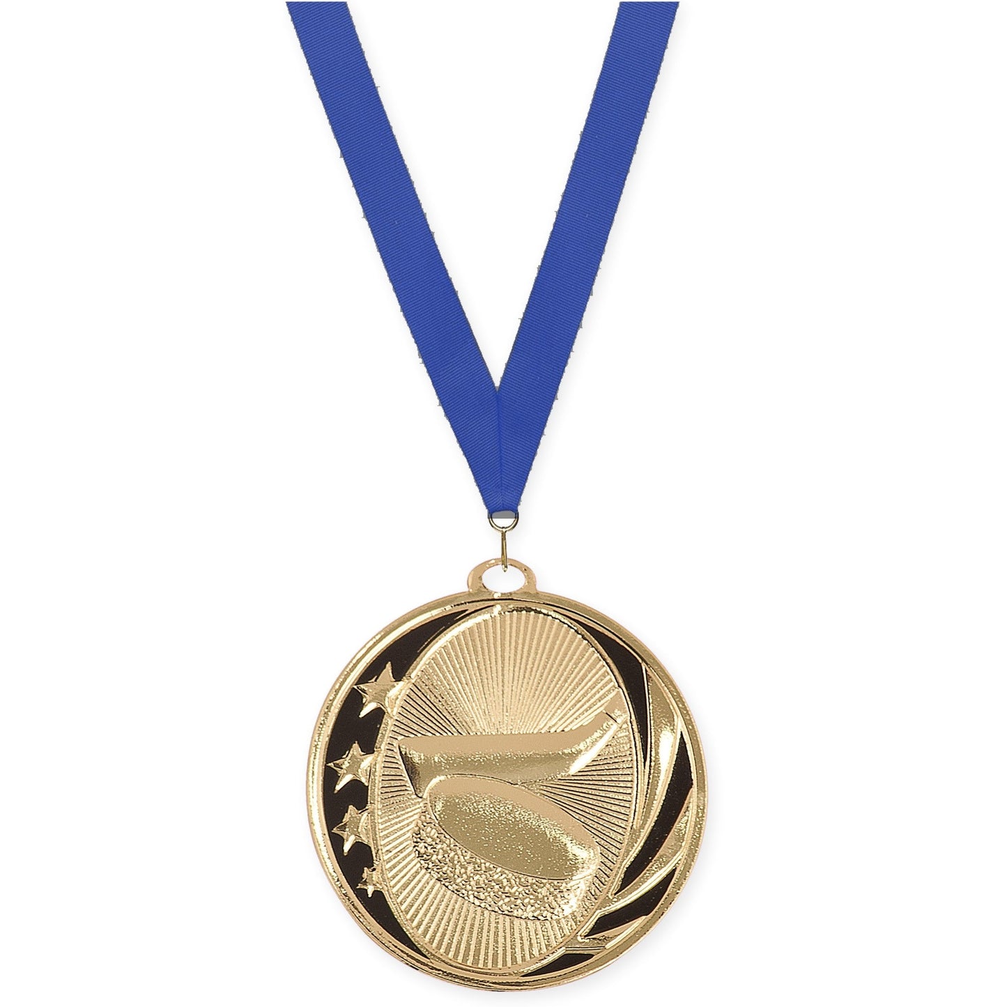 2 inch hockey MidNite Star medal in bright gold with Blue neck ribbon