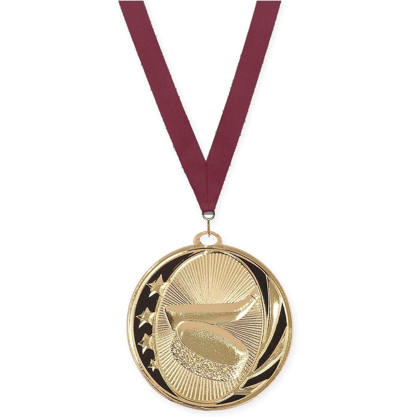 2 inch hockey MidNite Star medal in bright gold with Maroon neck ribbon