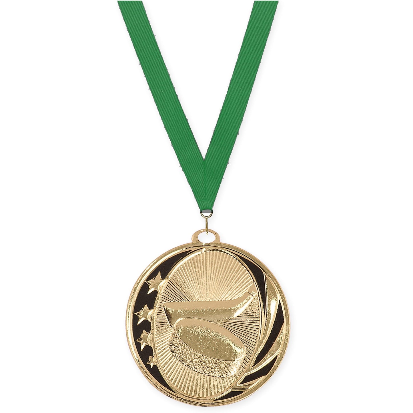 2 inch hockey MidNite Star medal in bright gold with Green neck ribbon