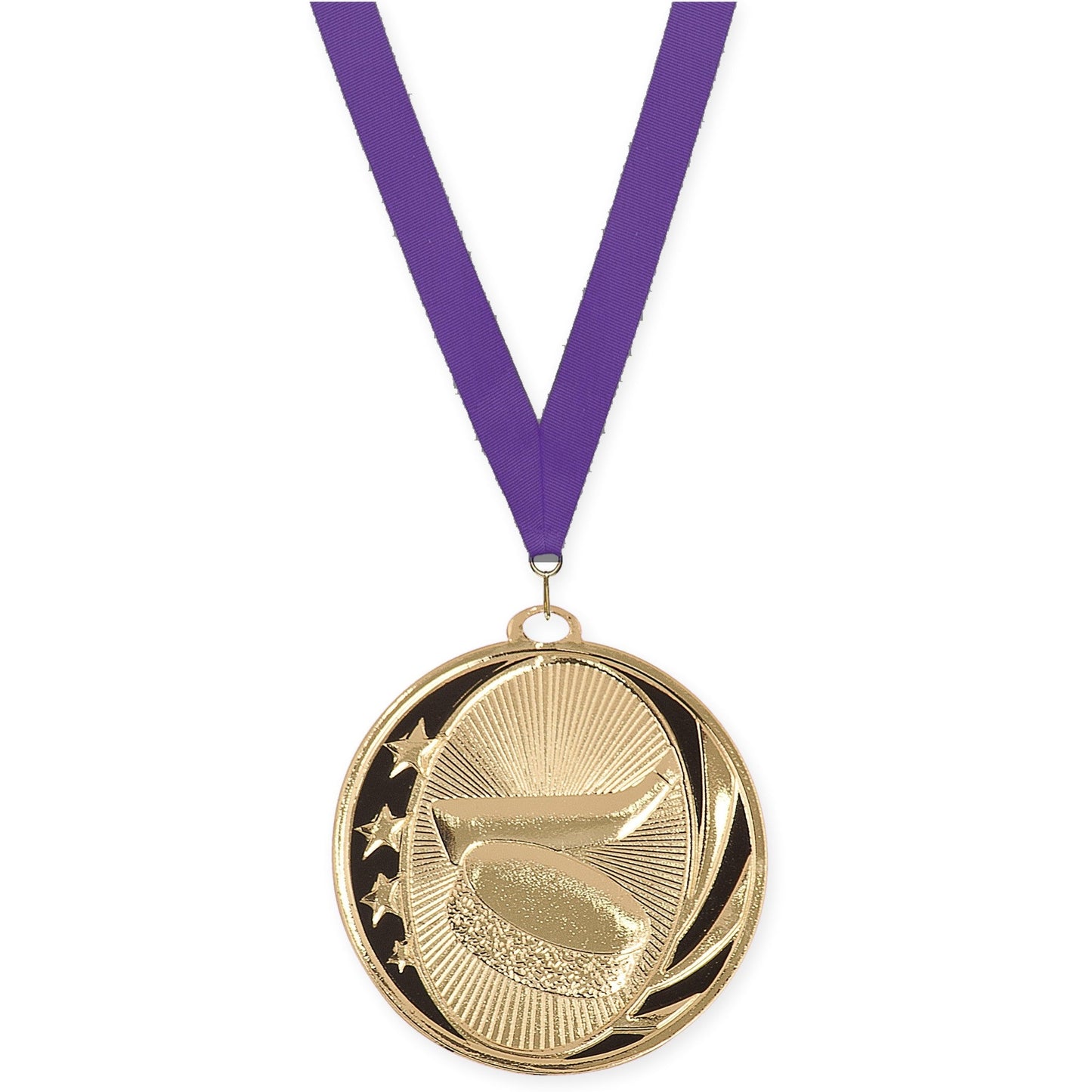 2 inch hockey MidNite Star medal in bright gold with Purple neck ribbon