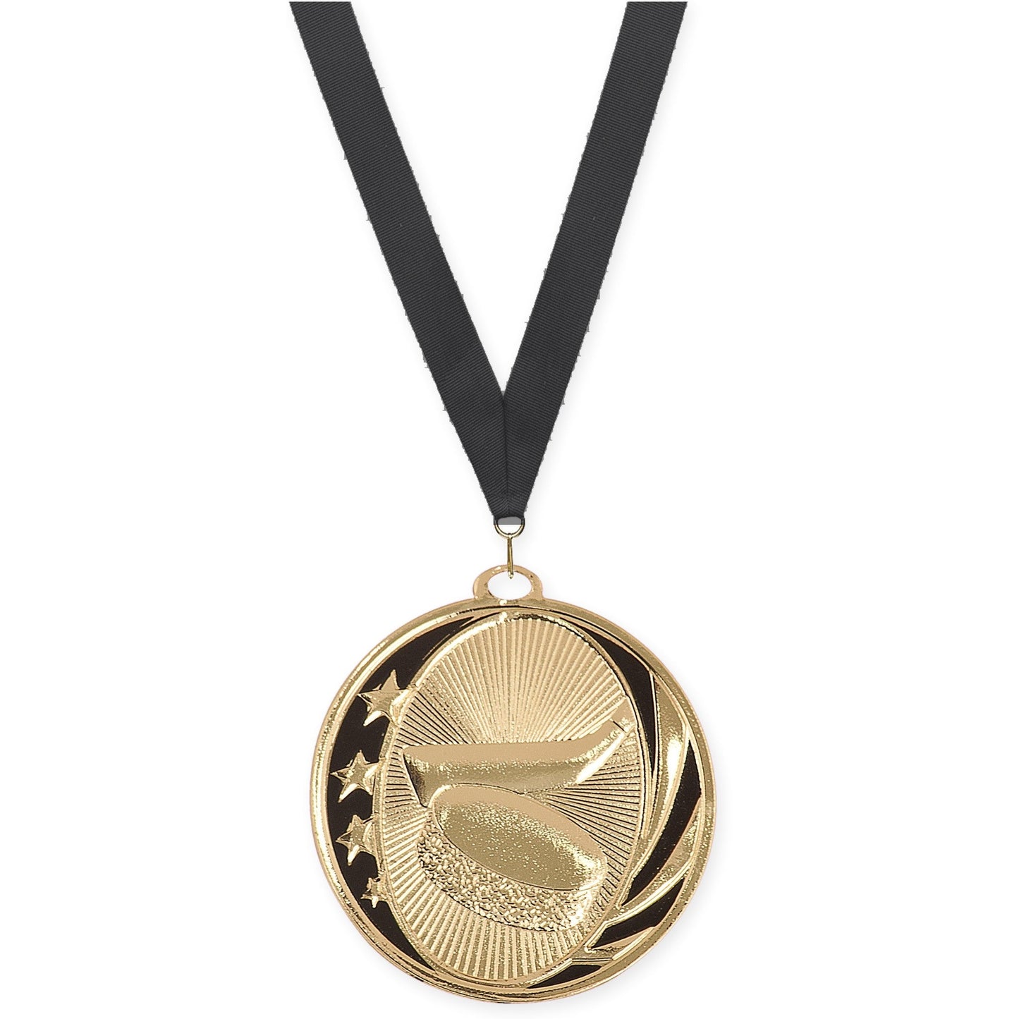 2 inch hockey MidNite Star medal in bright gold with Black neck ribbon