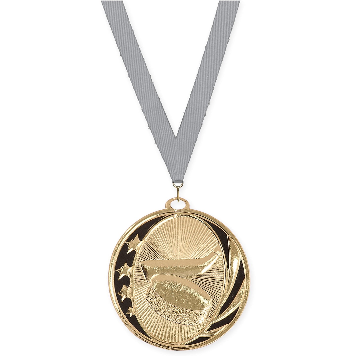 2 inch hockey MidNite Star medal in bright gold with Gray neck ribbon