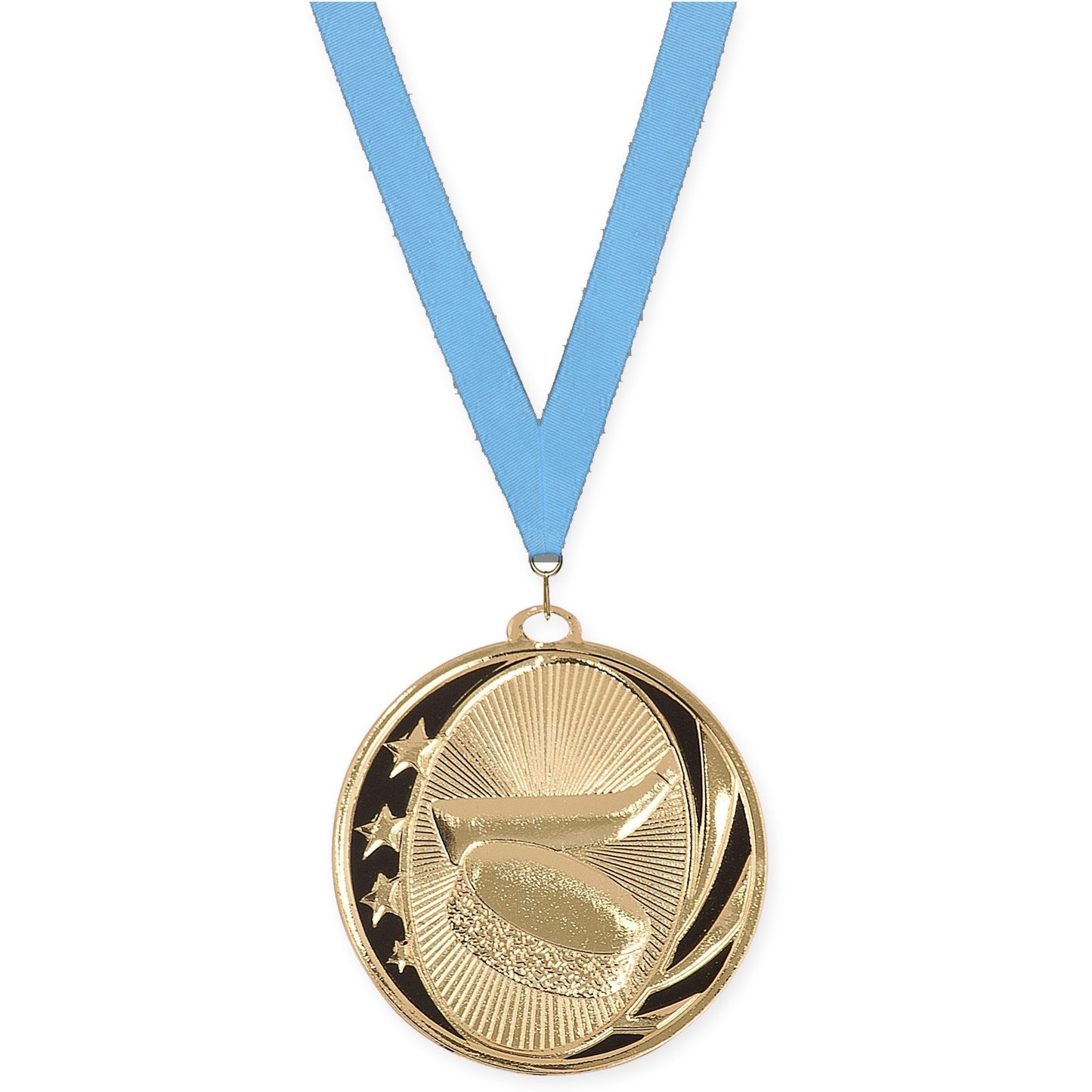 2 inch hockey MidNite Star medal in bright gold with Light Blue neck ribbon