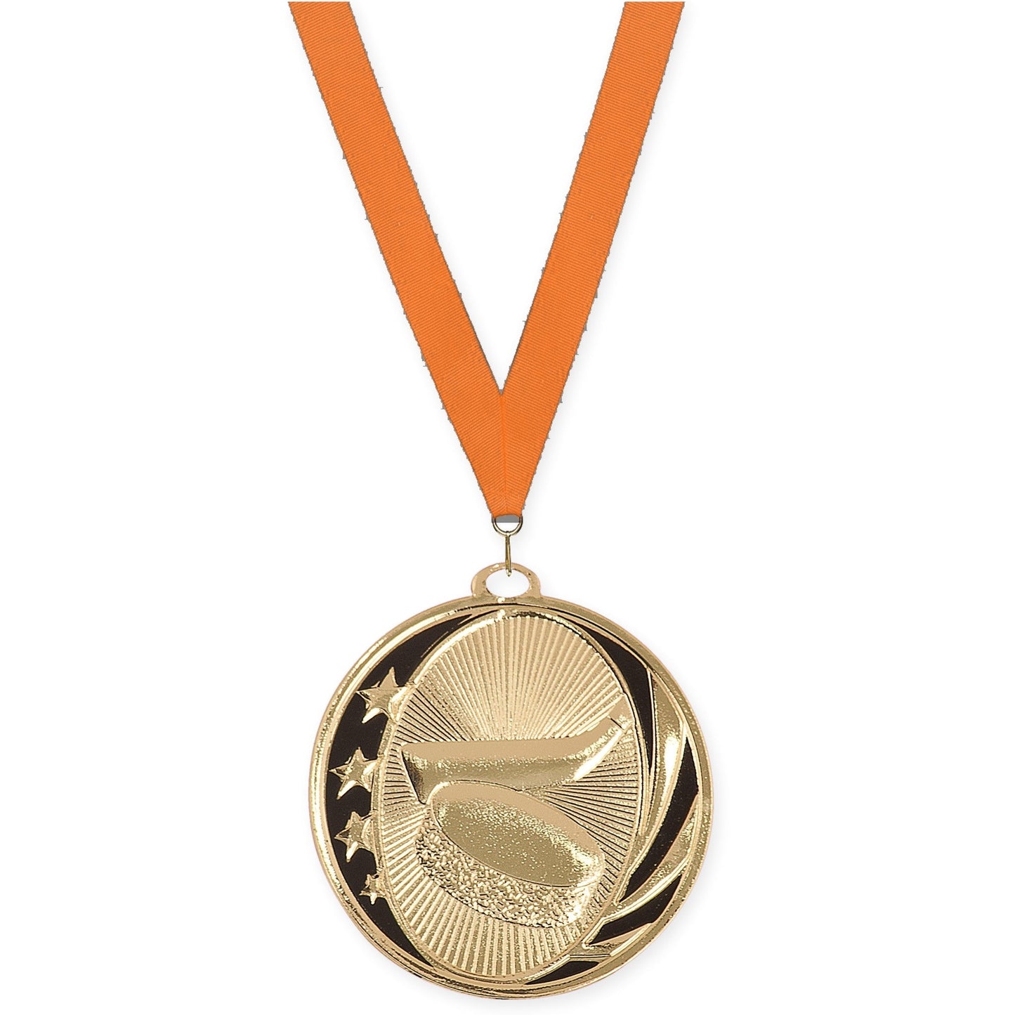 2 inch hockey MidNite Star medal in bright gold with Orange neck ribbon