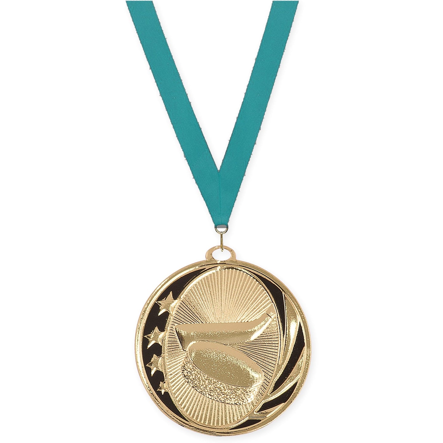 2 inch hockey MidNite Star medal in bright gold with Teal neck ribbon