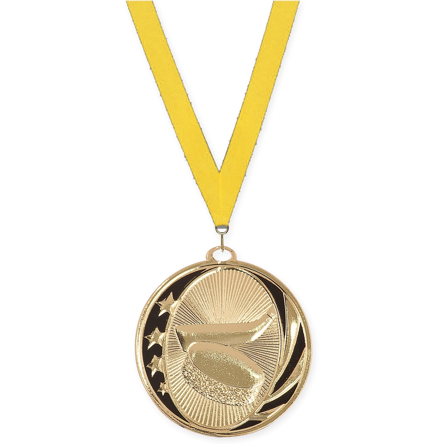 2 inch hockey MidNite Star medal in bright gold with Yellow neck ribbon