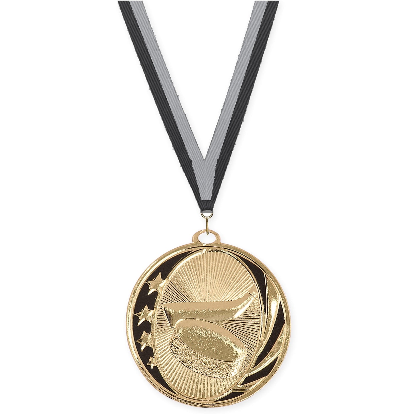 2 inch hockey MidNite Star medal in bright gold with Black Gray neck ribbon