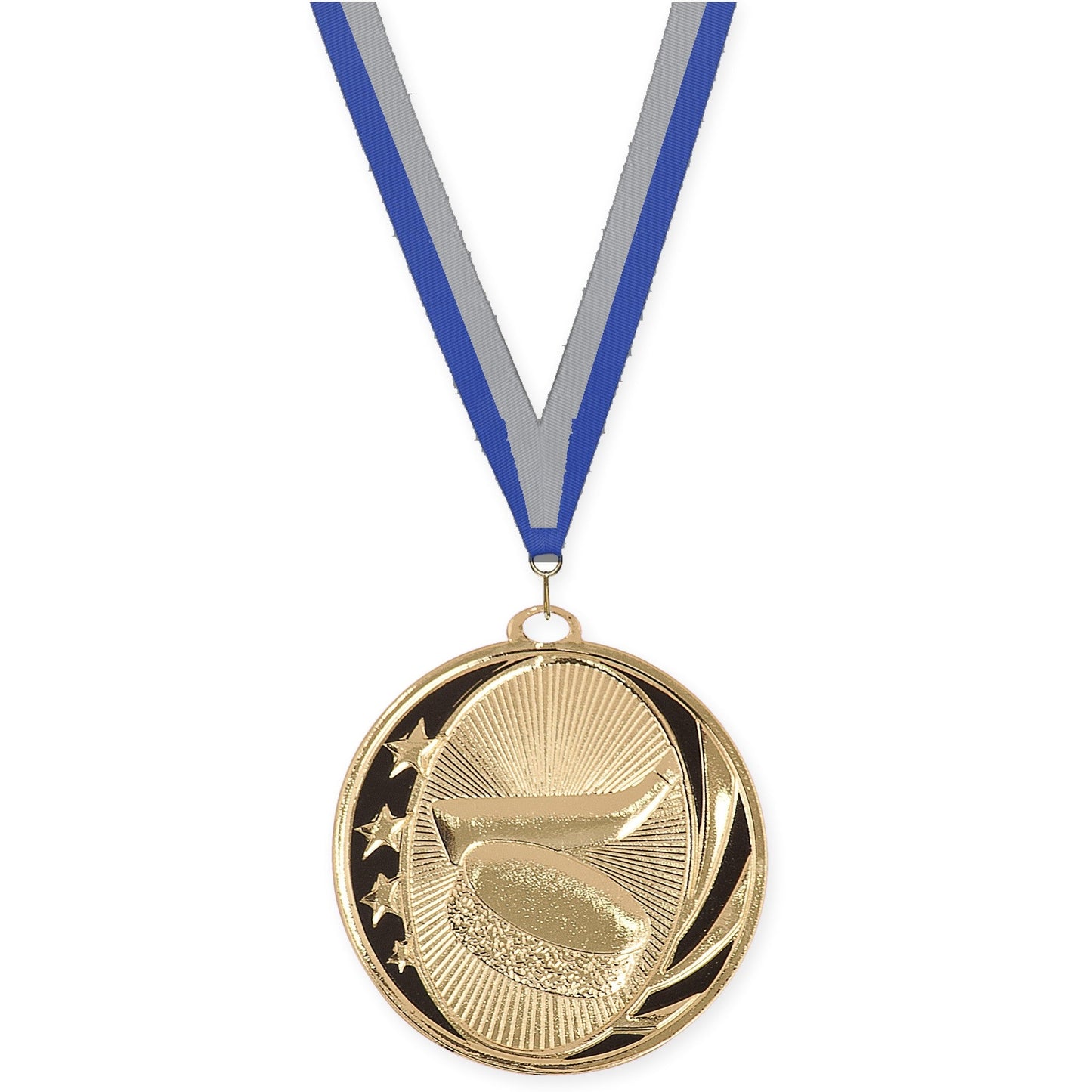 2 inch hockey MidNite Star medal in bright gold with Blue Gray neck ribbon