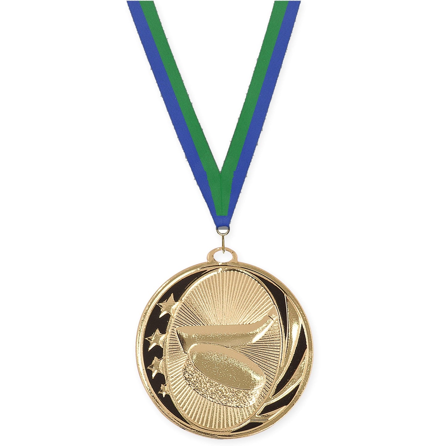 2 inch hockey MidNite Star medal in bright gold with Blue Green neck ribbon