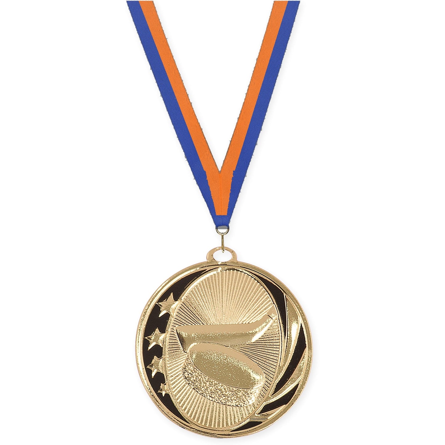 2 inch hockey MidNite Star medal in bright gold with Blue Orange neck ribbon