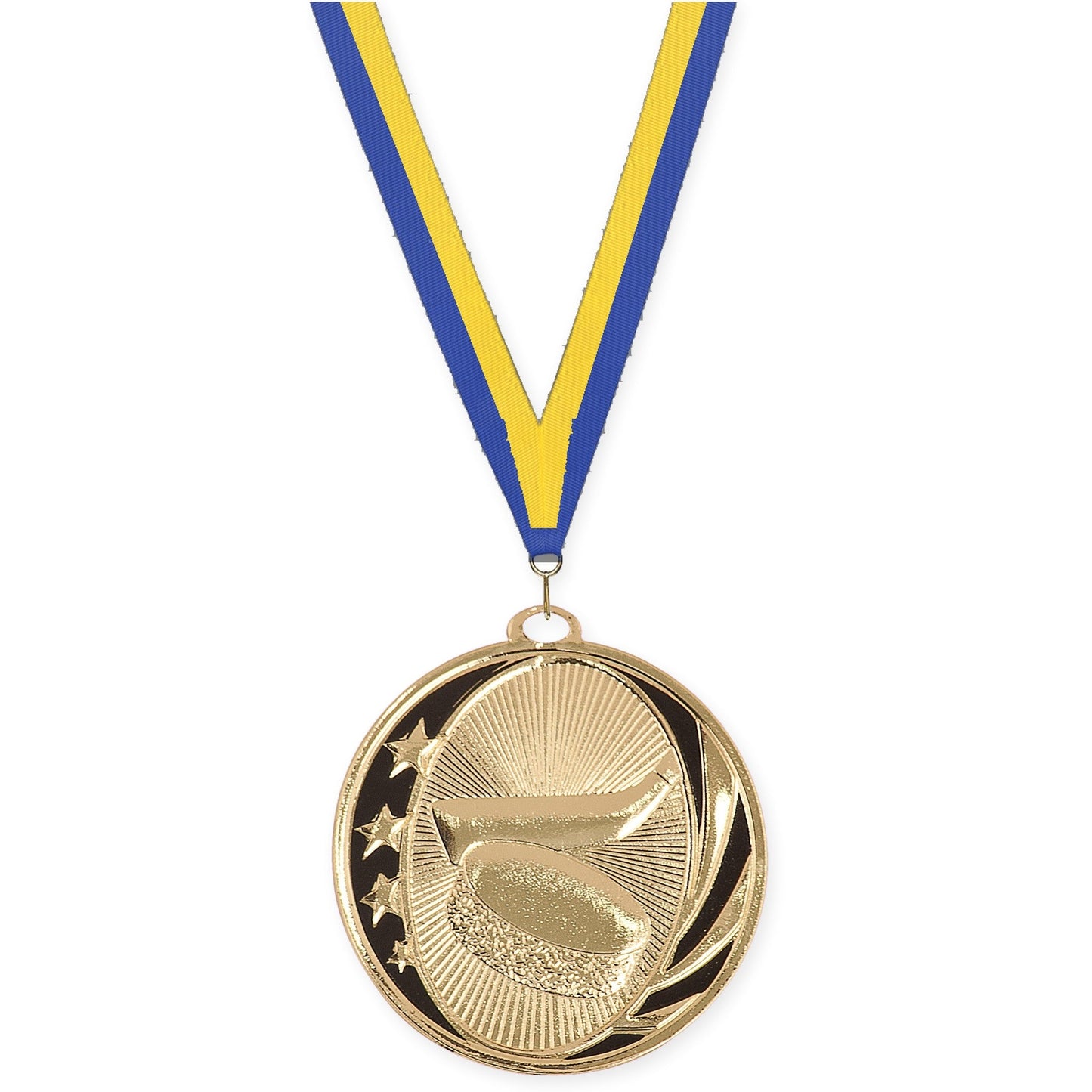 2 inch hockey MidNite Star medal in bright gold with Blue Yellow neck ribbon