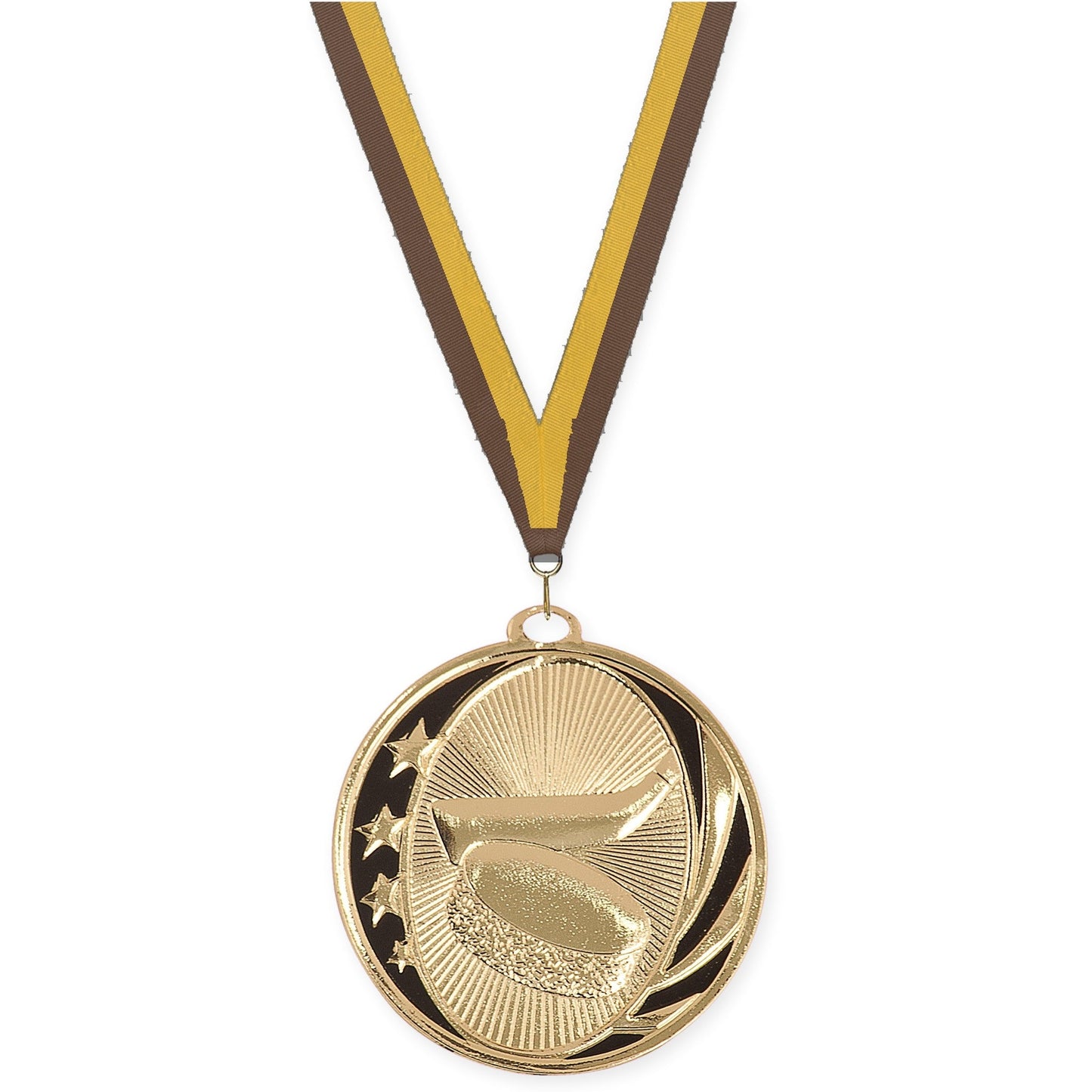 2 inch hockey MidNite Star medal in bright gold with Brown Gold neck ribbon