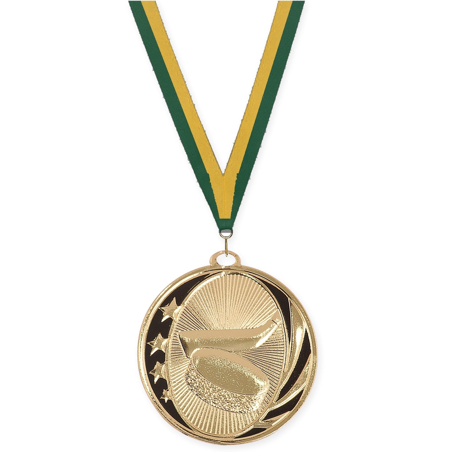 2 inch hockey MidNite Star medal in bright gold with Hunter Green Gold neck ribbon