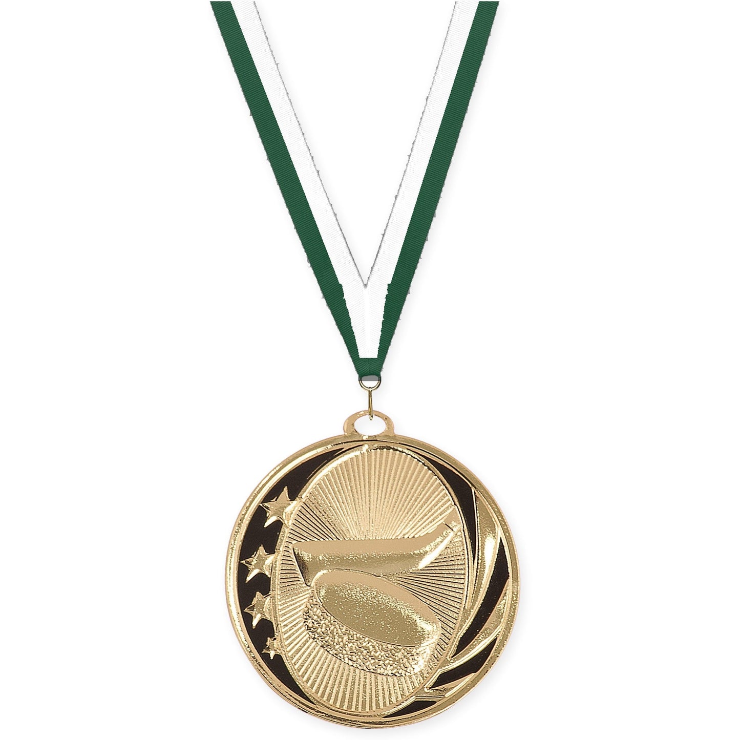 2 inch hockey MidNite Star medal in bright gold with Hunter Green White neck ribbon