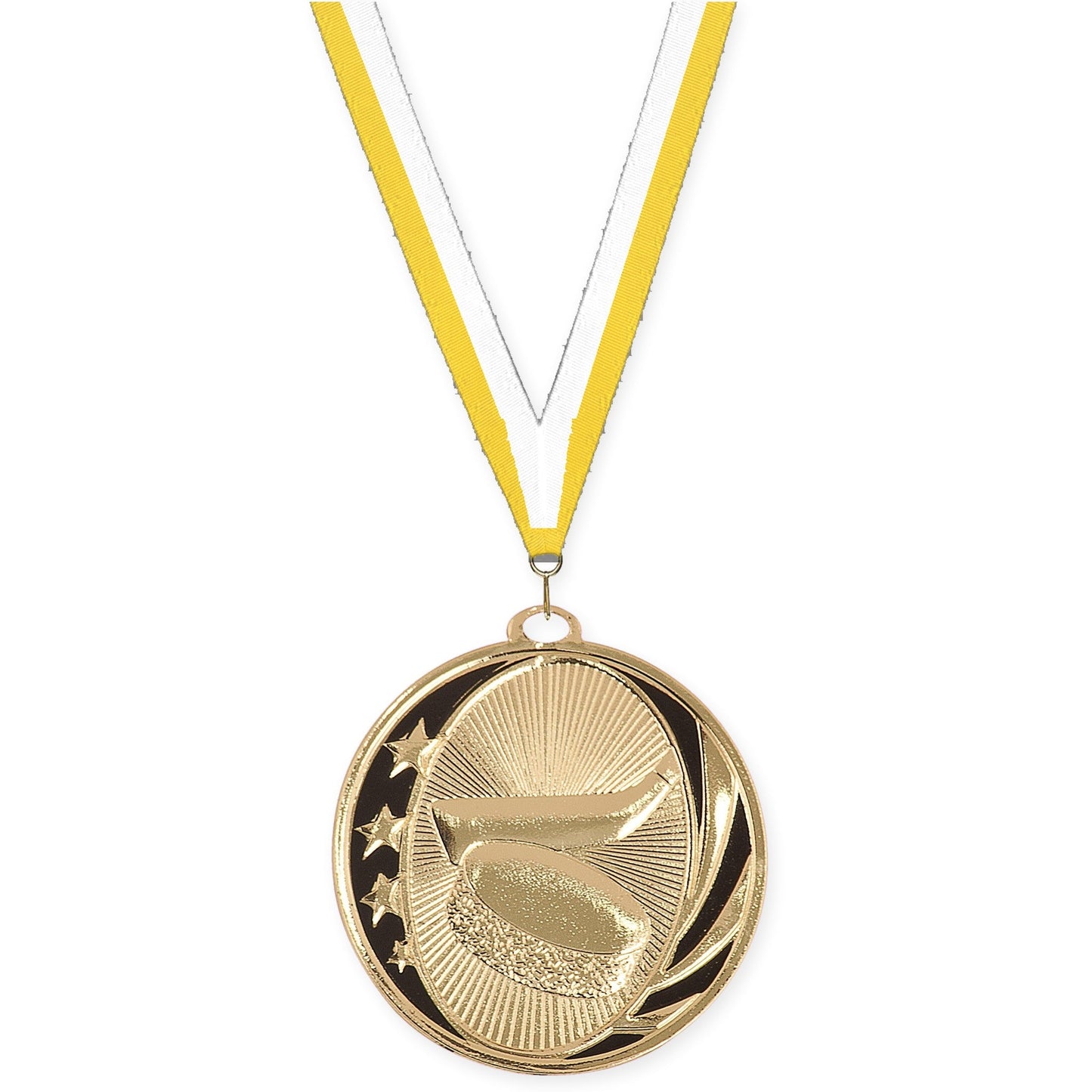 2 inch hockey MidNite Star medal in bright gold with Yellow White neck ribbon