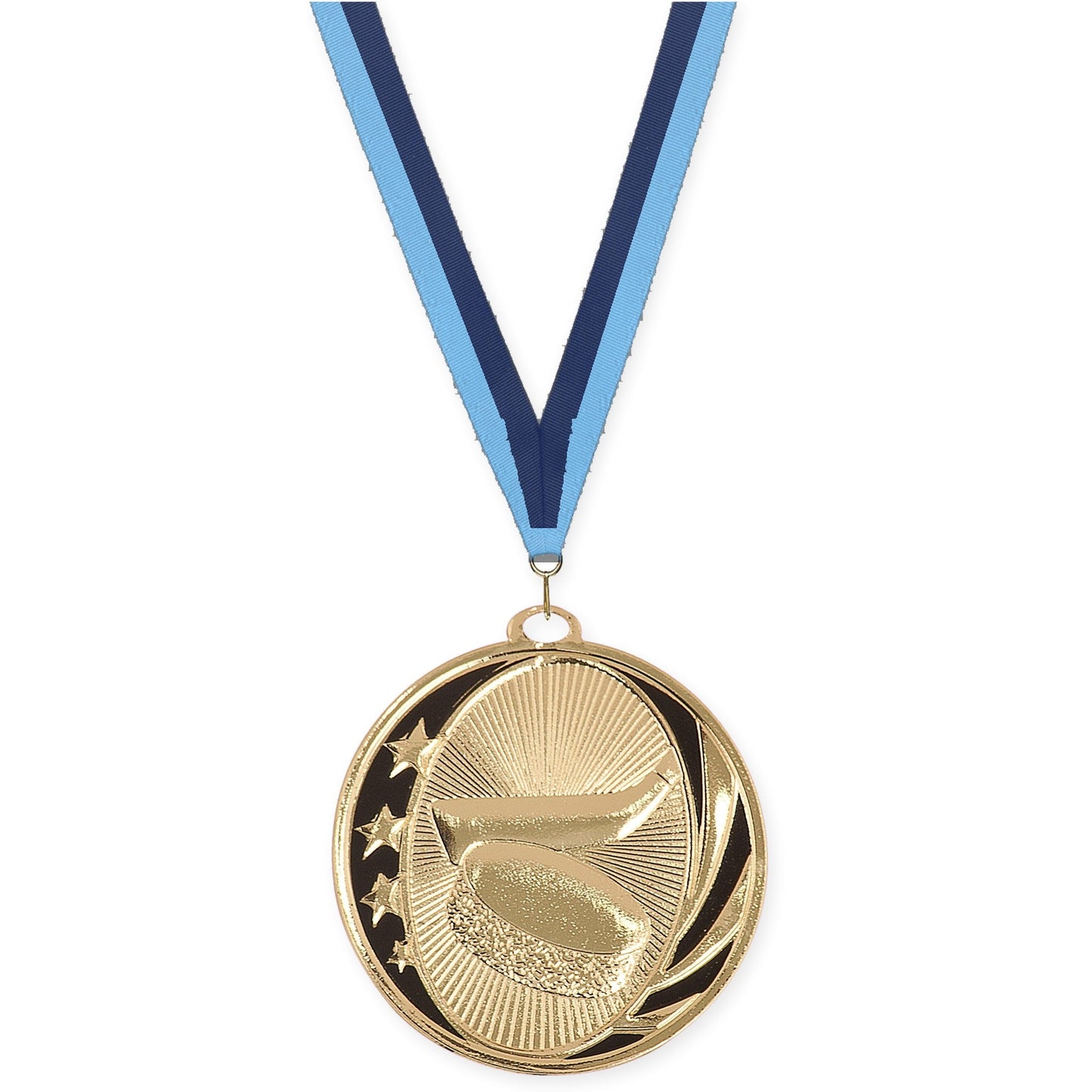 2 inch hockey MidNite Star medal in bright gold with Light Blue Navy neck ribbon