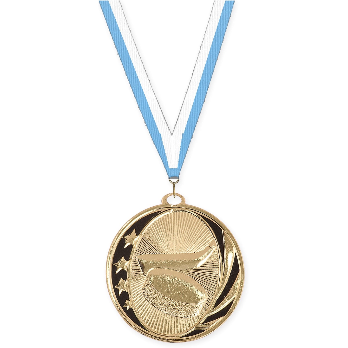 2 inch hockey MidNite Star medal in bright gold with Light Blue White neck ribbon