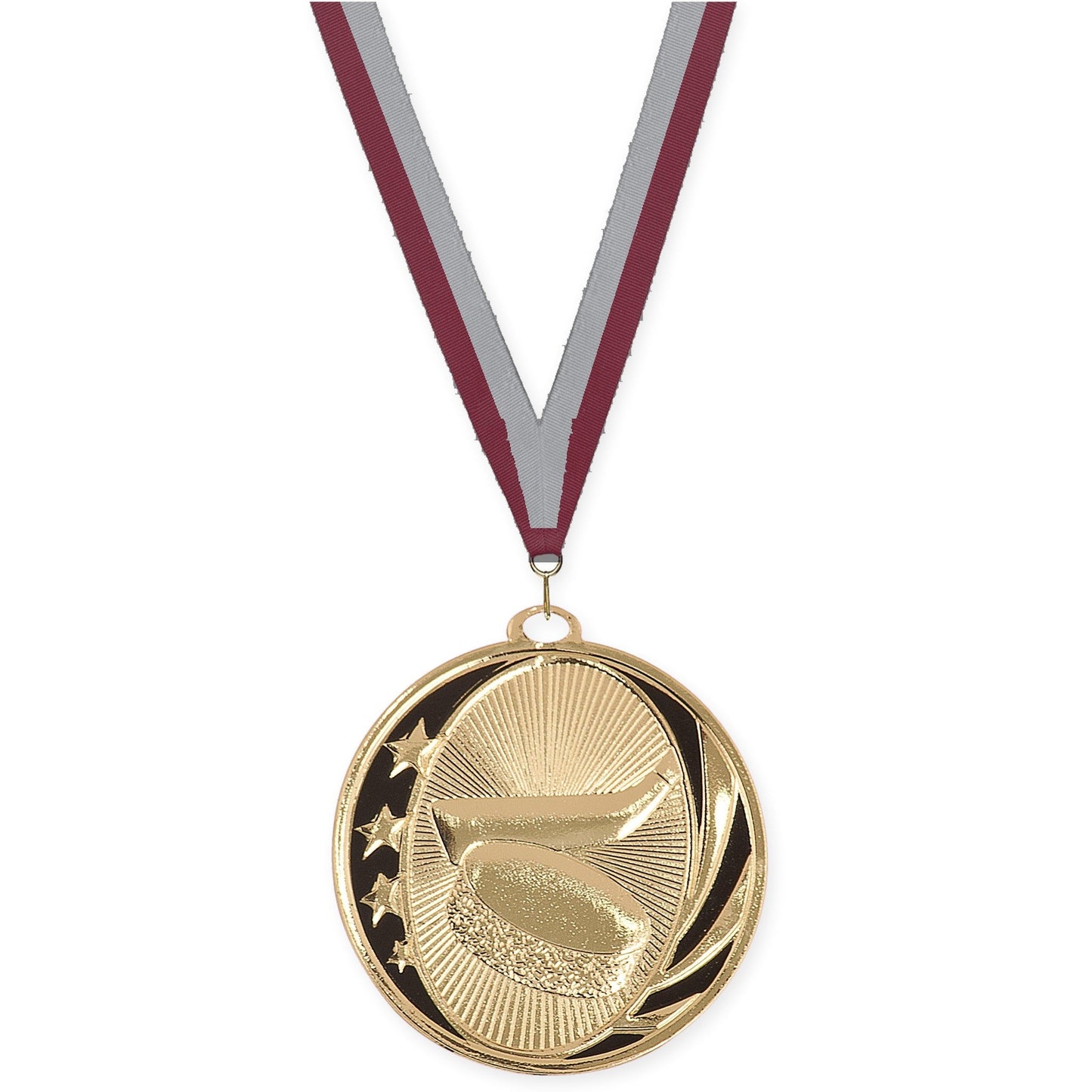 2 inch hockey MidNite Star medal in bright gold with Maroon Gray neck ribbon