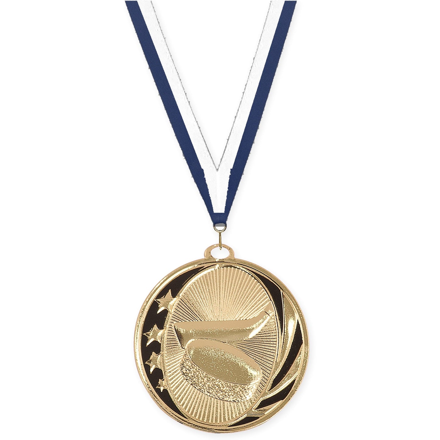 2 inch hockey MidNite Star medal in bright gold with Navy White neck ribbon