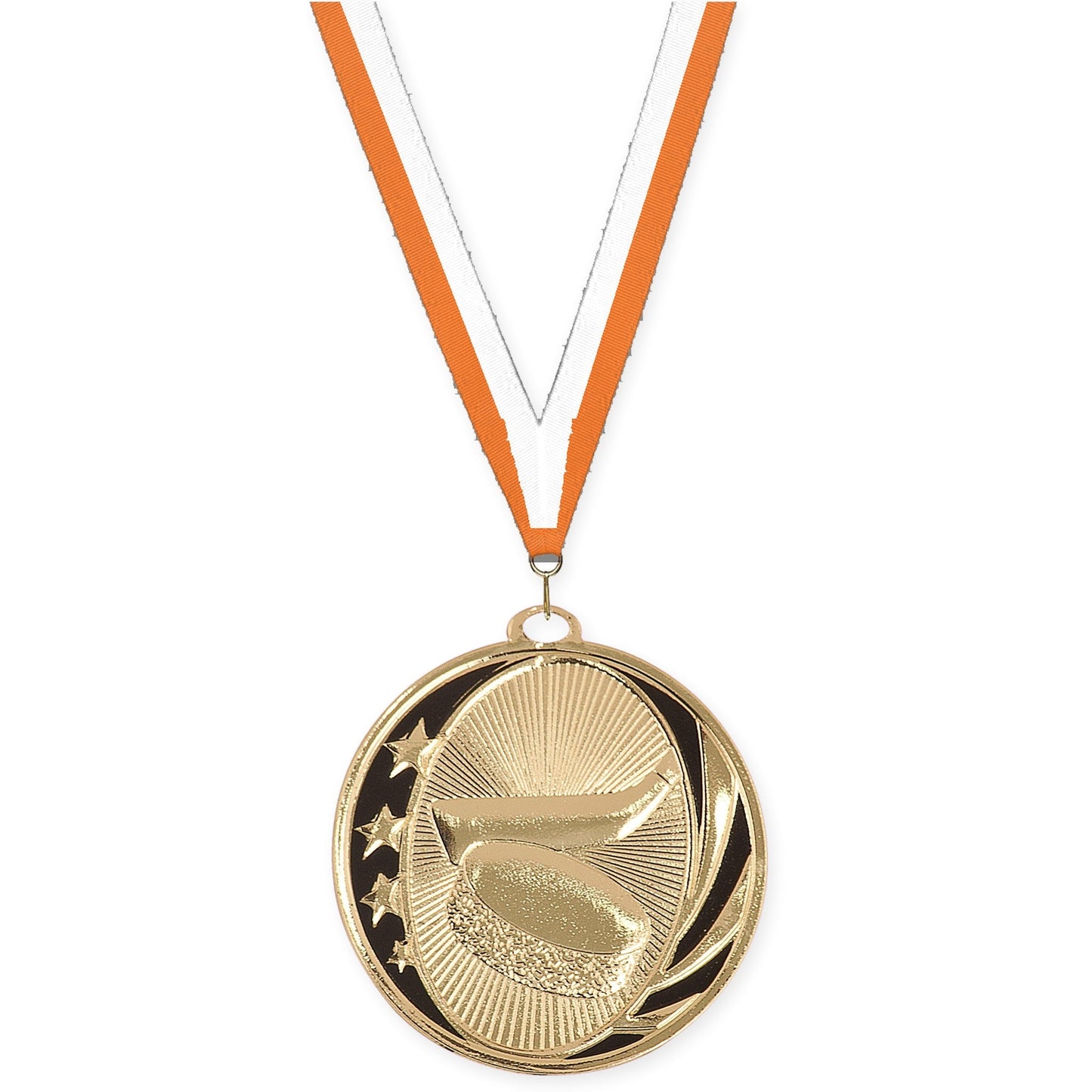 2 inch hockey MidNite Star medal in bright gold with Orange White neck ribbon