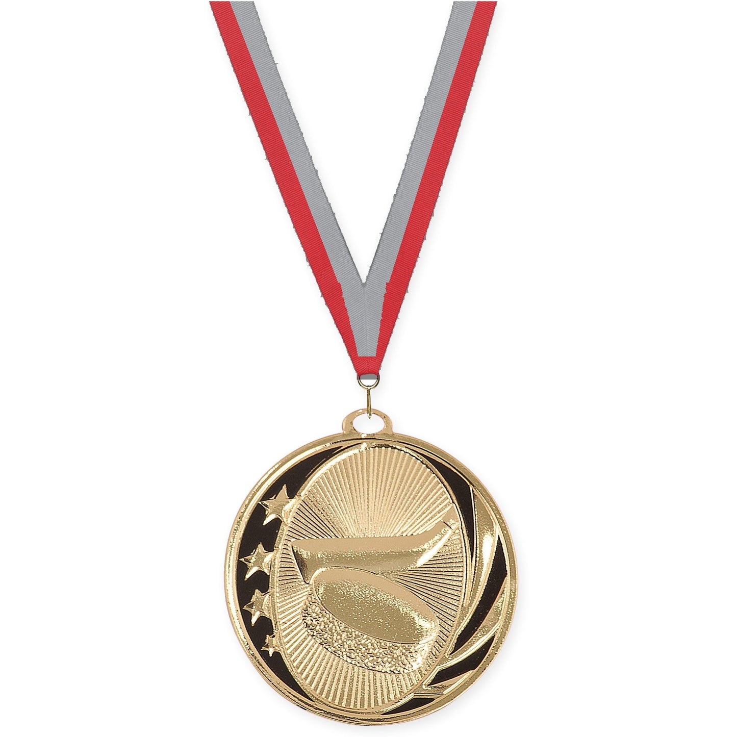 2 inch hockey MidNite Star medal in bright gold with Red Gray neck ribbon