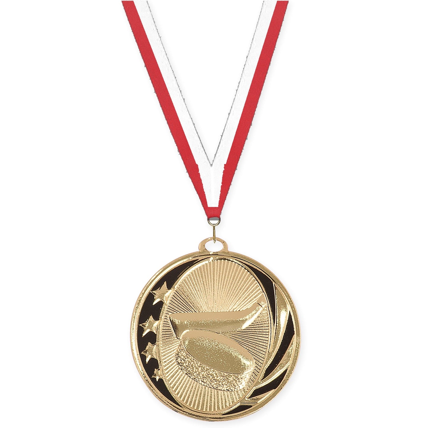 2 inch hockey MidNite Star medal in bright gold with Red White neck ribbon