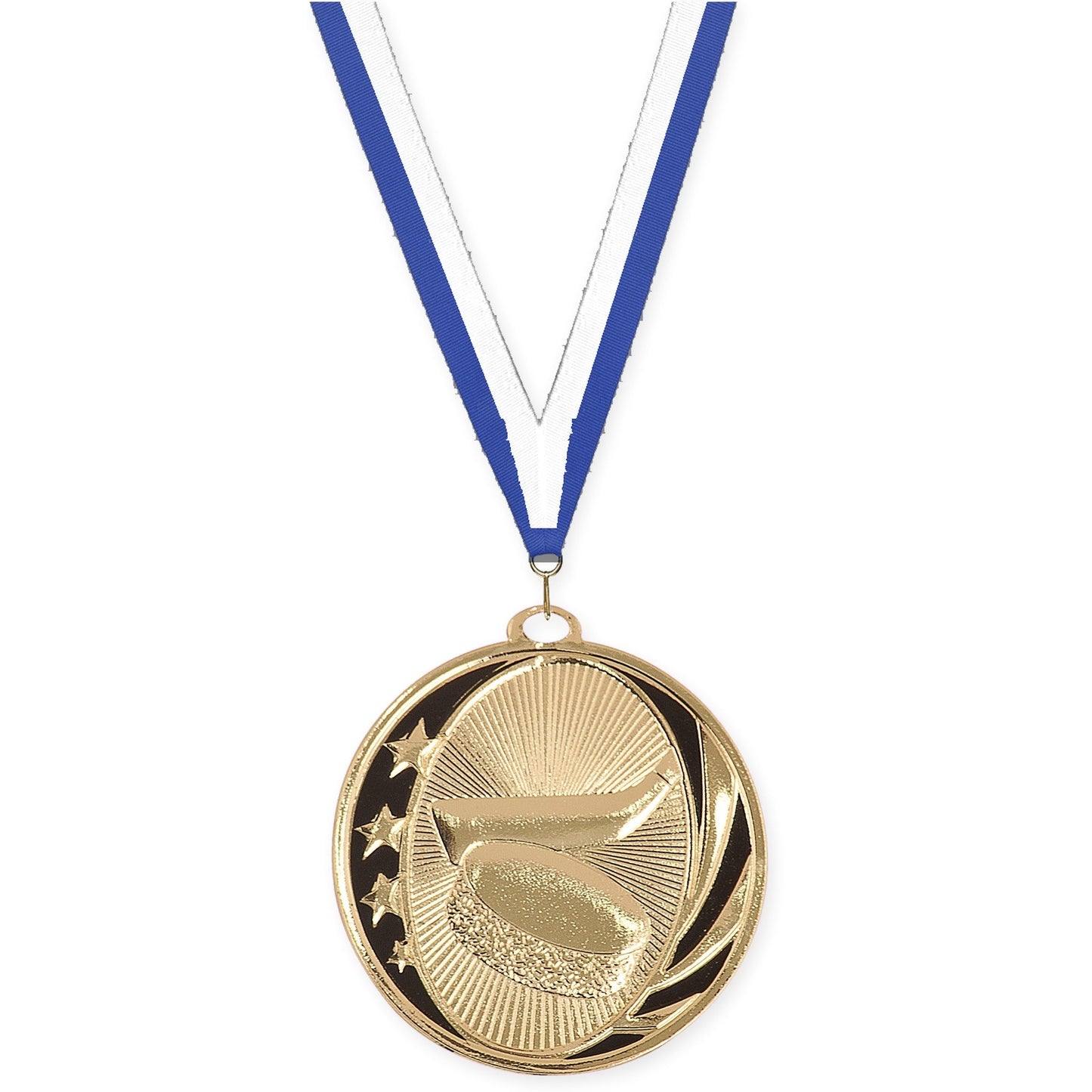 2 inch hockey MidNite Star medal in bright gold with Blue White neck ribbon