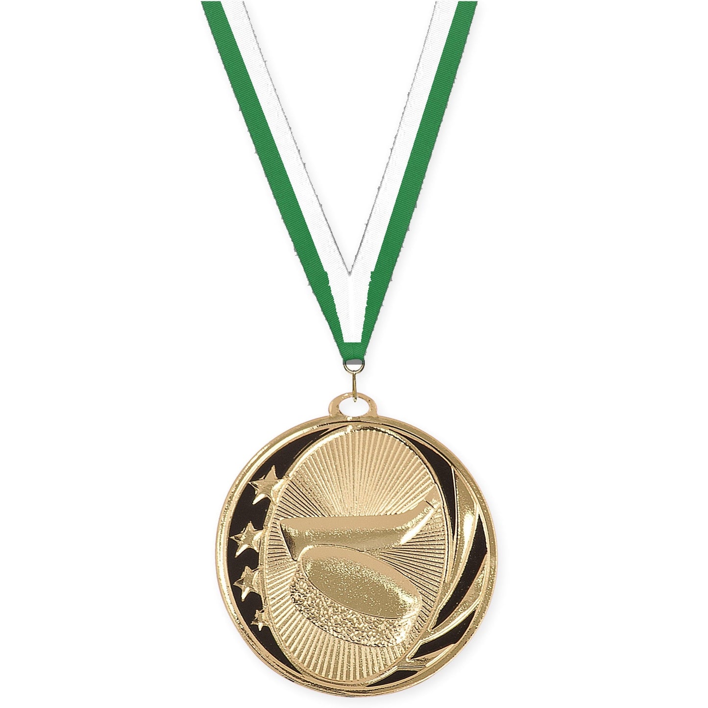 2 inch hockey MidNite Star medal in bright gold with Green White neck ribbon