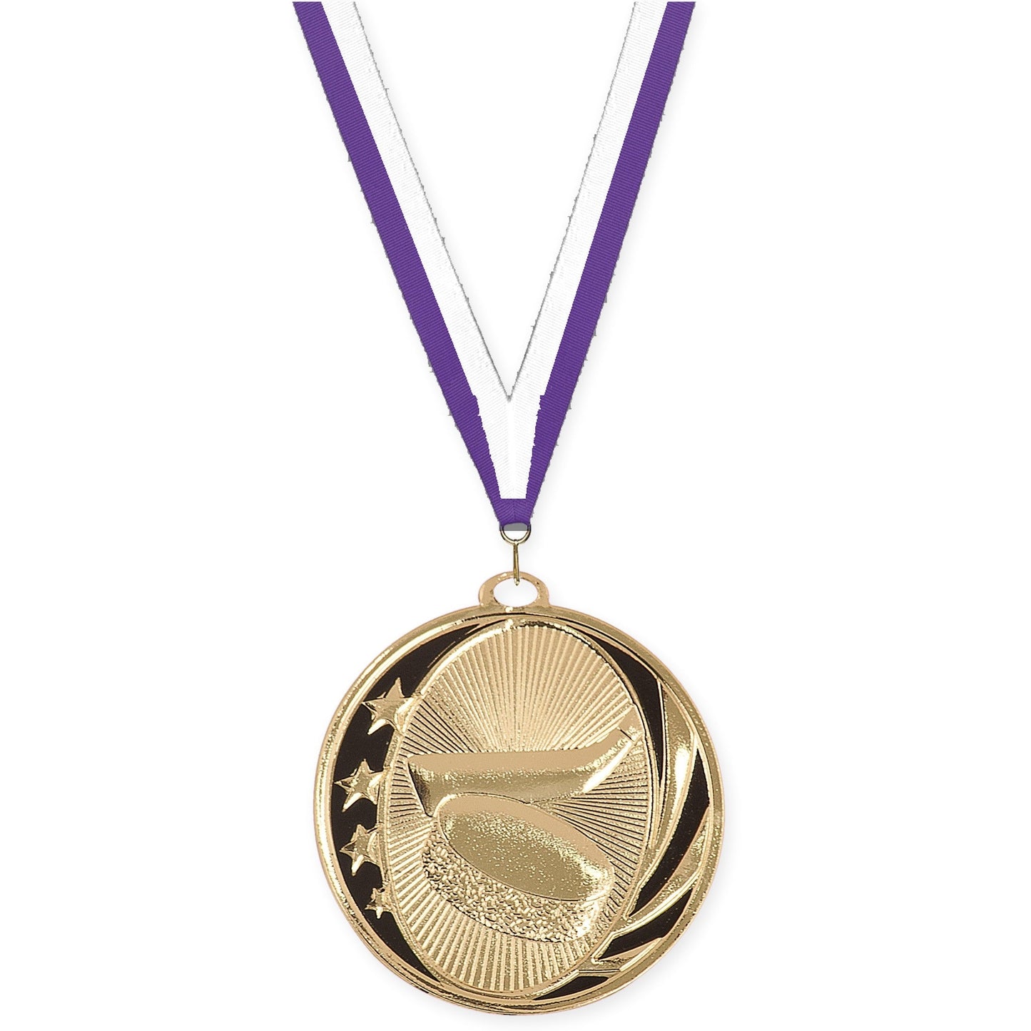 2 inch hockey MidNite Star medal in bright gold with Purple White neck ribbon