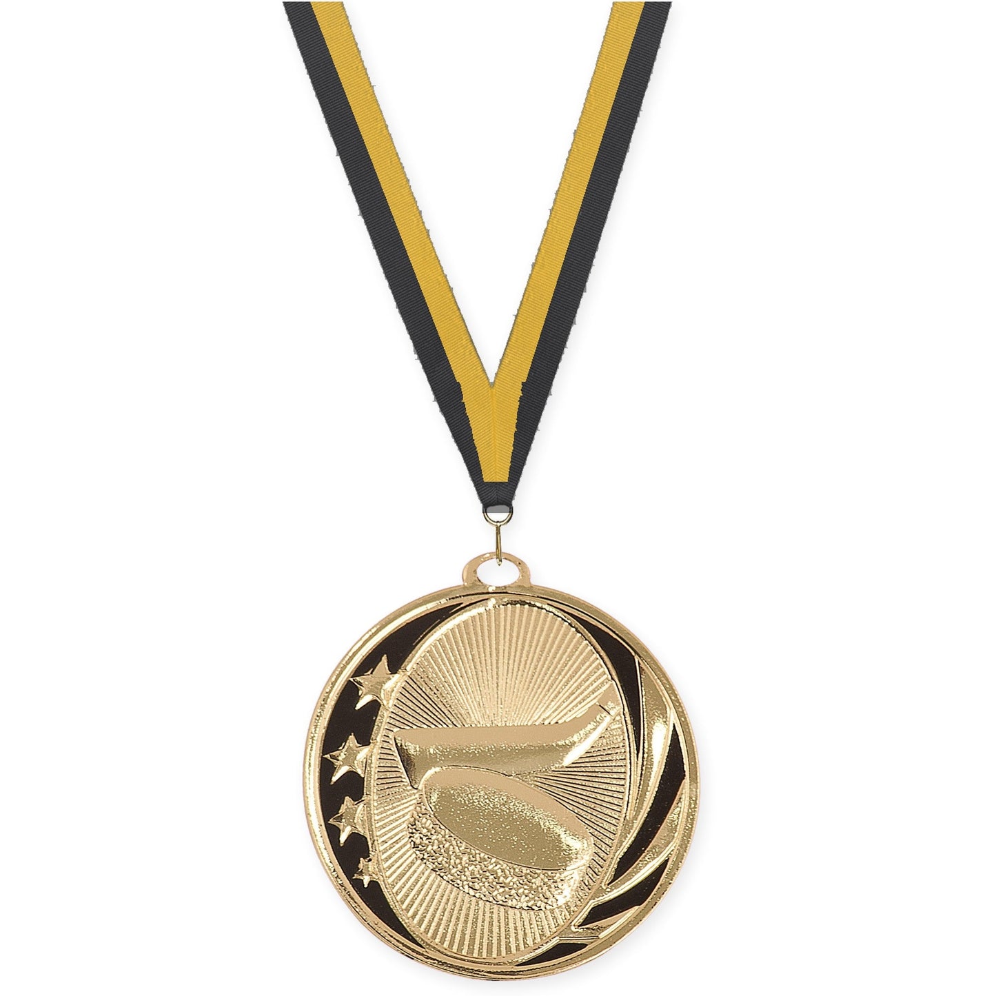 2 inch hockey MidNite Star medal in bright gold with Black Gold neck ribbon